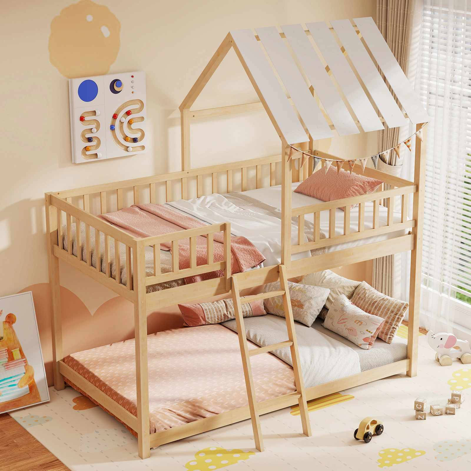 Twin Over Twin House Bunk Bed with Roof and Full-Length Guardrails Solid Pine Wood Kids Bunk Bed Natural