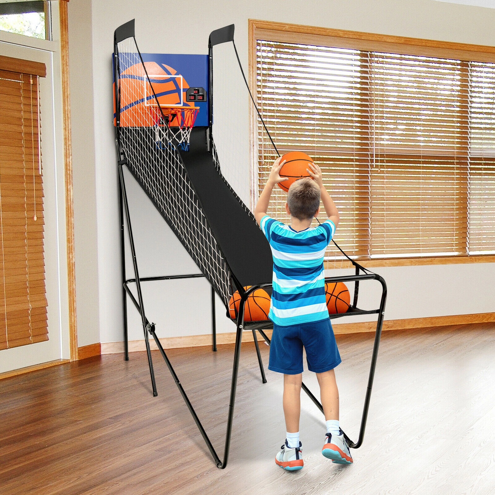SUGIFT Single Shot Foldable Basketball Arcade Game with Electronic Scorer 12-in Rim 3 Balls and Pump