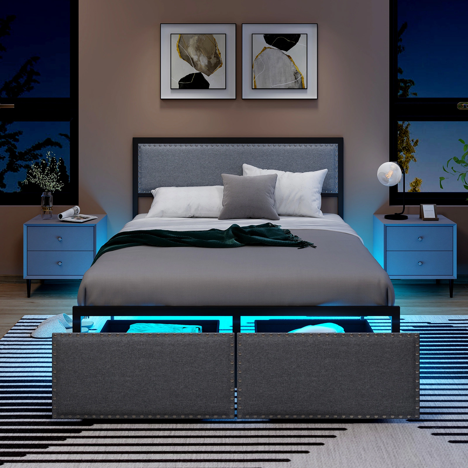 SUGIFT Full Bed Frame with LED Lights, Storage Drawer and Gray Linen Headboard