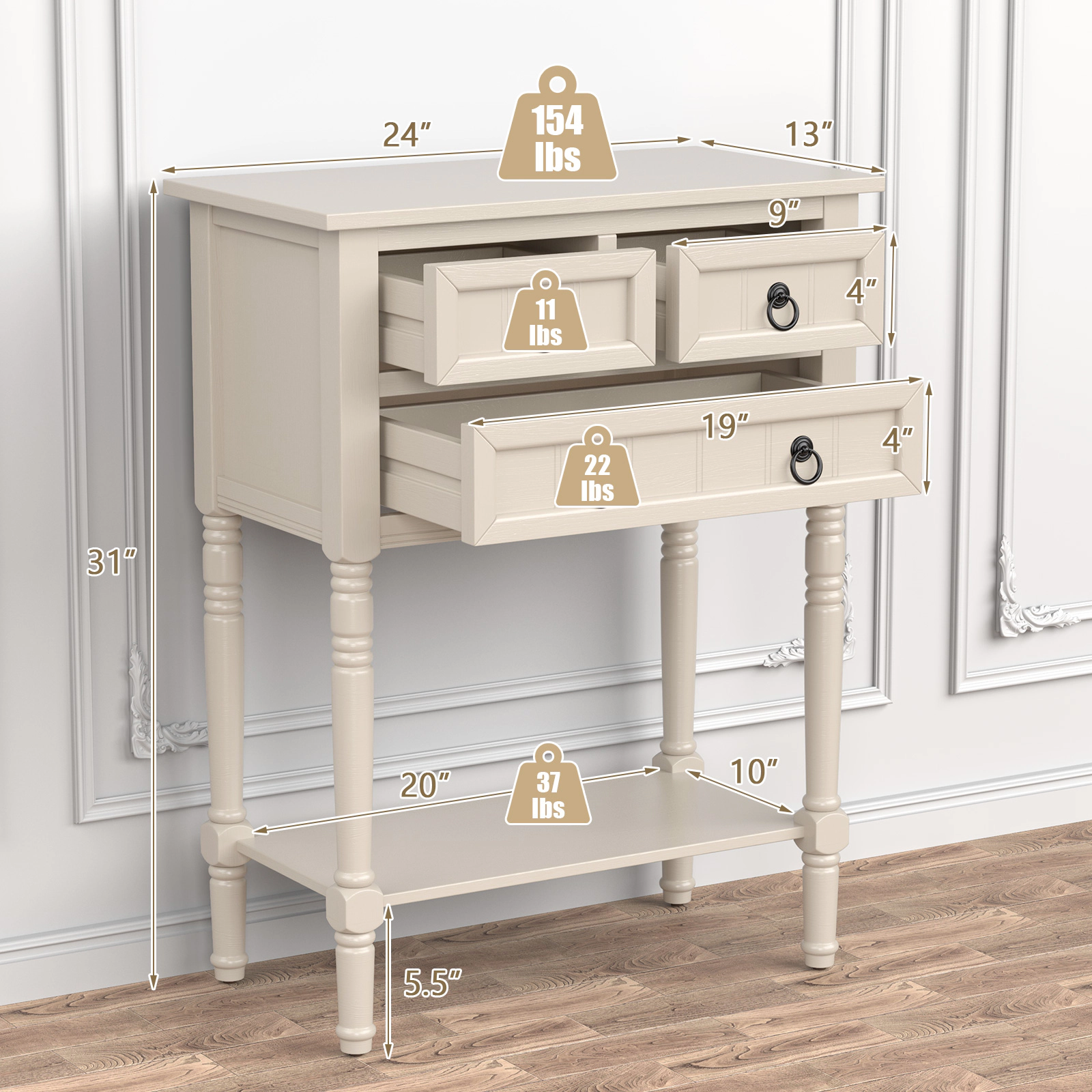 SUGIFT Narrow 3 Drawers Open Shelf Acacia Wood Legs Entryway Console Table 24-in x 13-in x 31-in 154-lb Capacity Beige