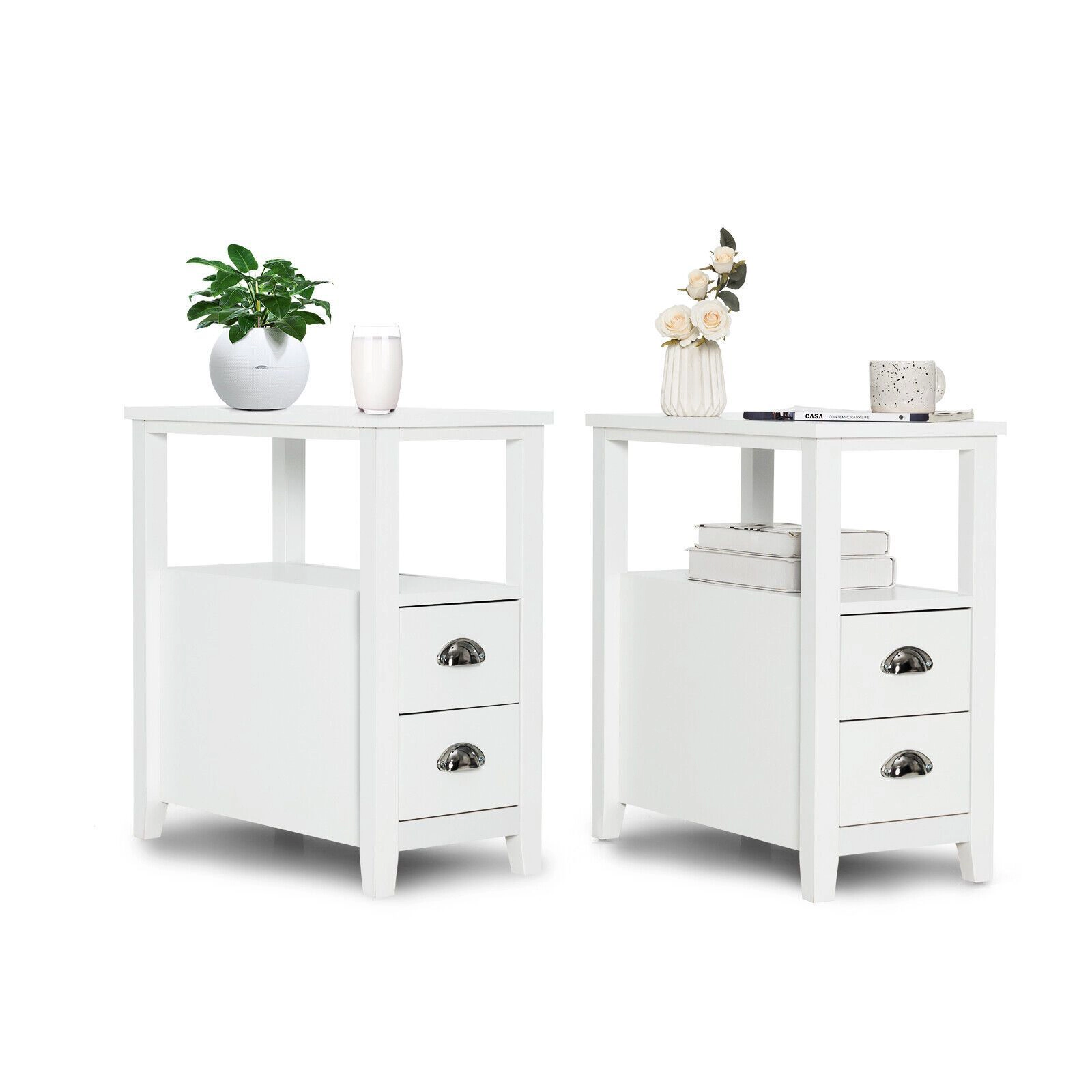 SlickBlue Set of 2 Compact Side Table with Drawers and Tier Shelves
