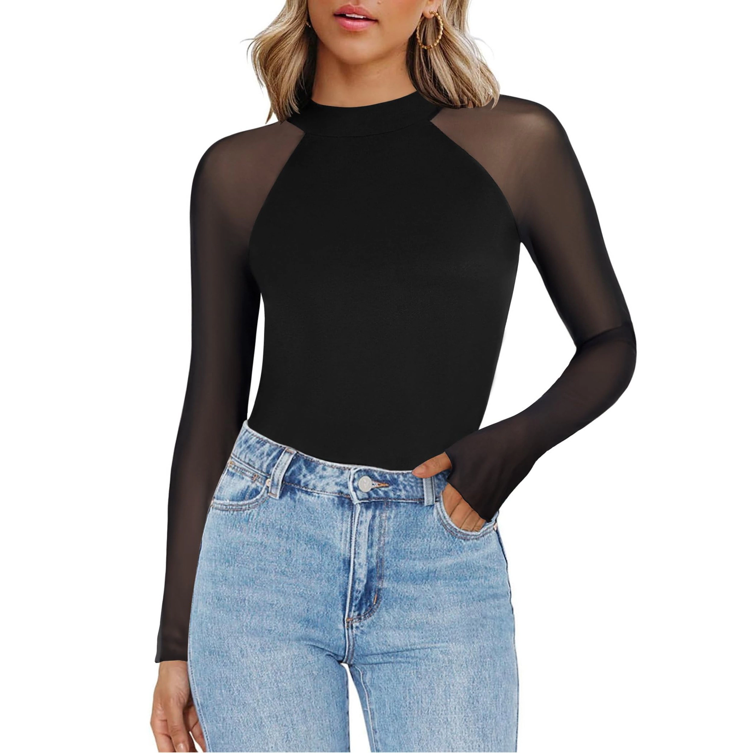 Zeagoo Women Mesh Mock Neck Blouse