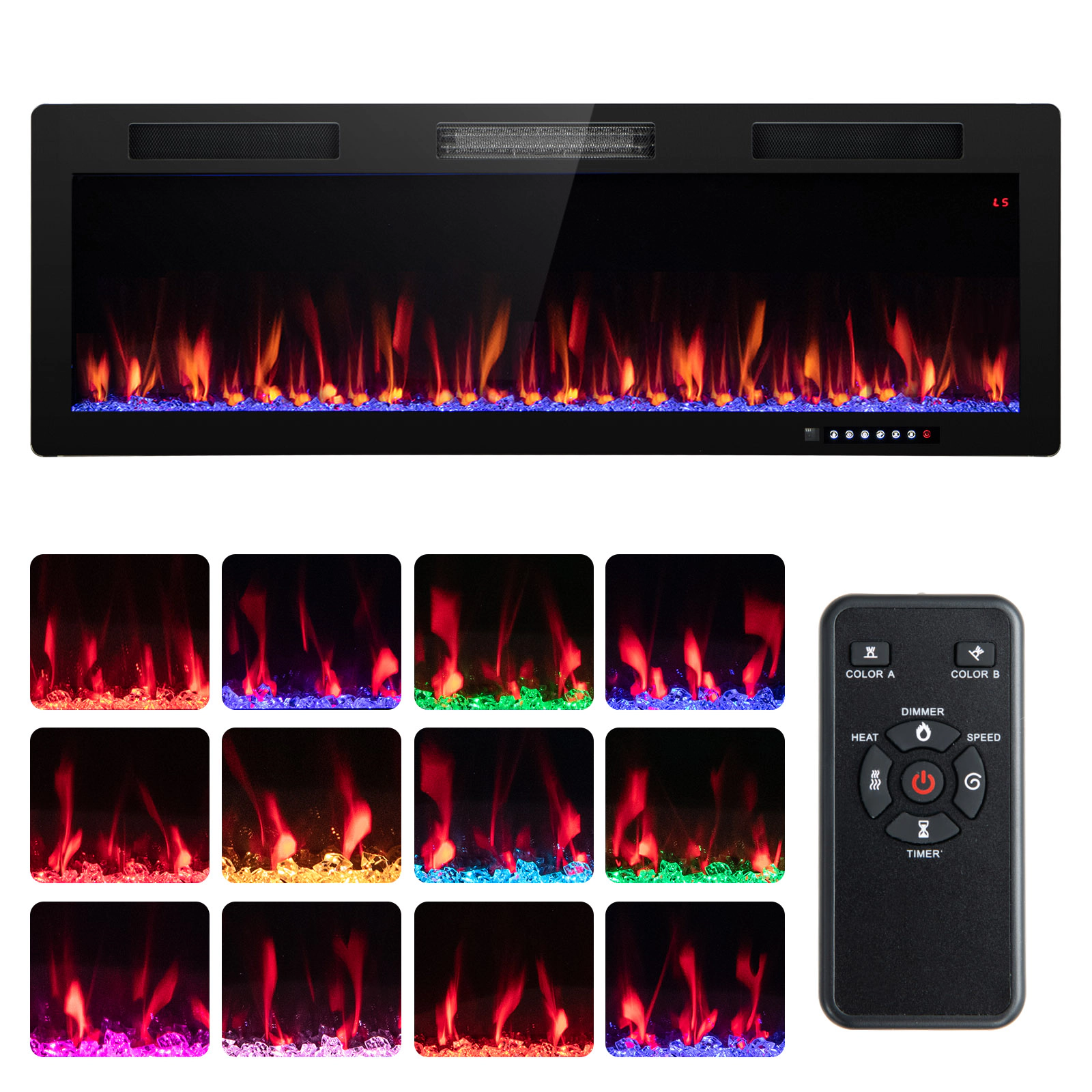 SUGIFT 50-Inch Electric Fireplace, 5100 BTU, Recessed or Wall-Mounted, 12 Flame Colors