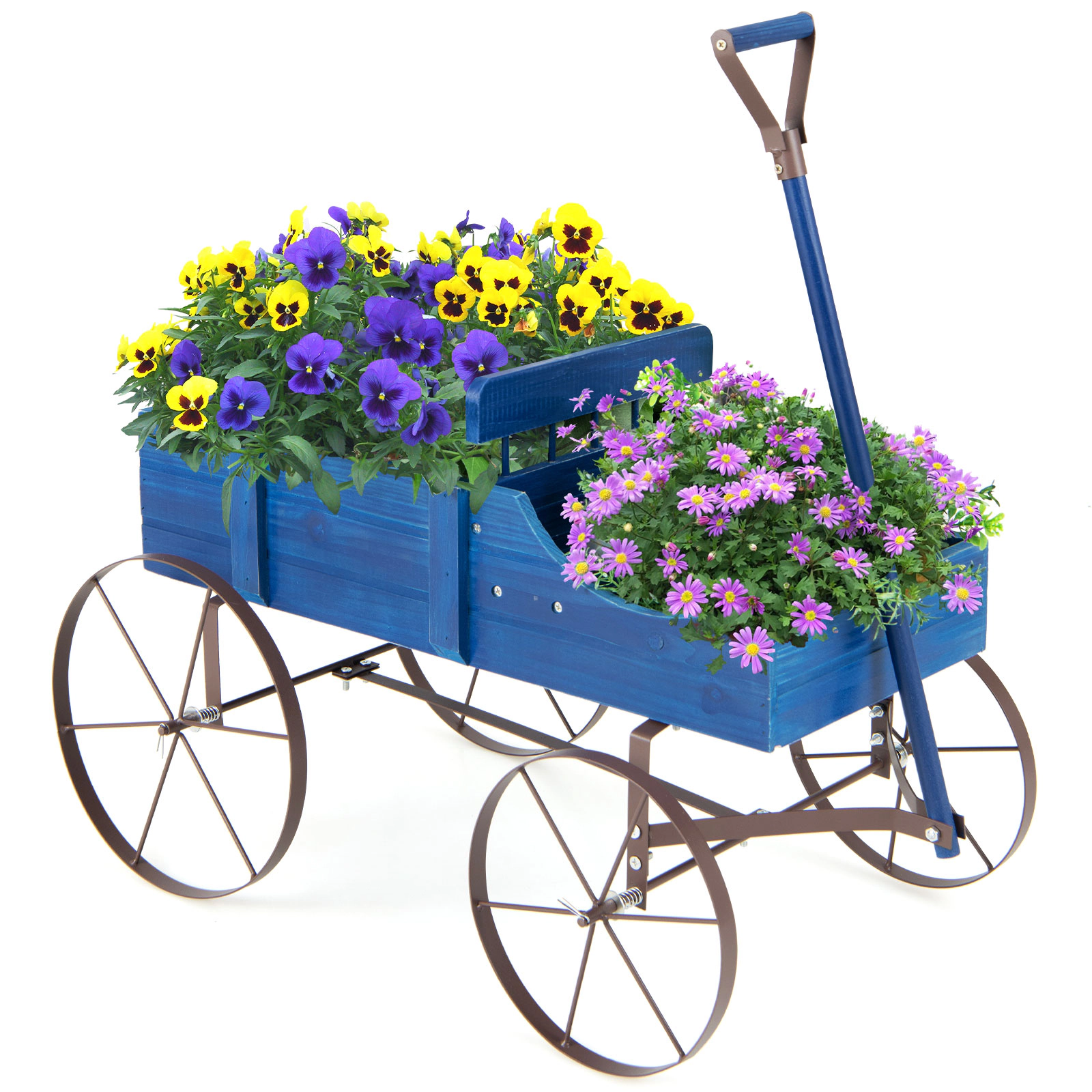 Hivvago Wooden Wagon Plant Bed With Wheel for Garden Yard