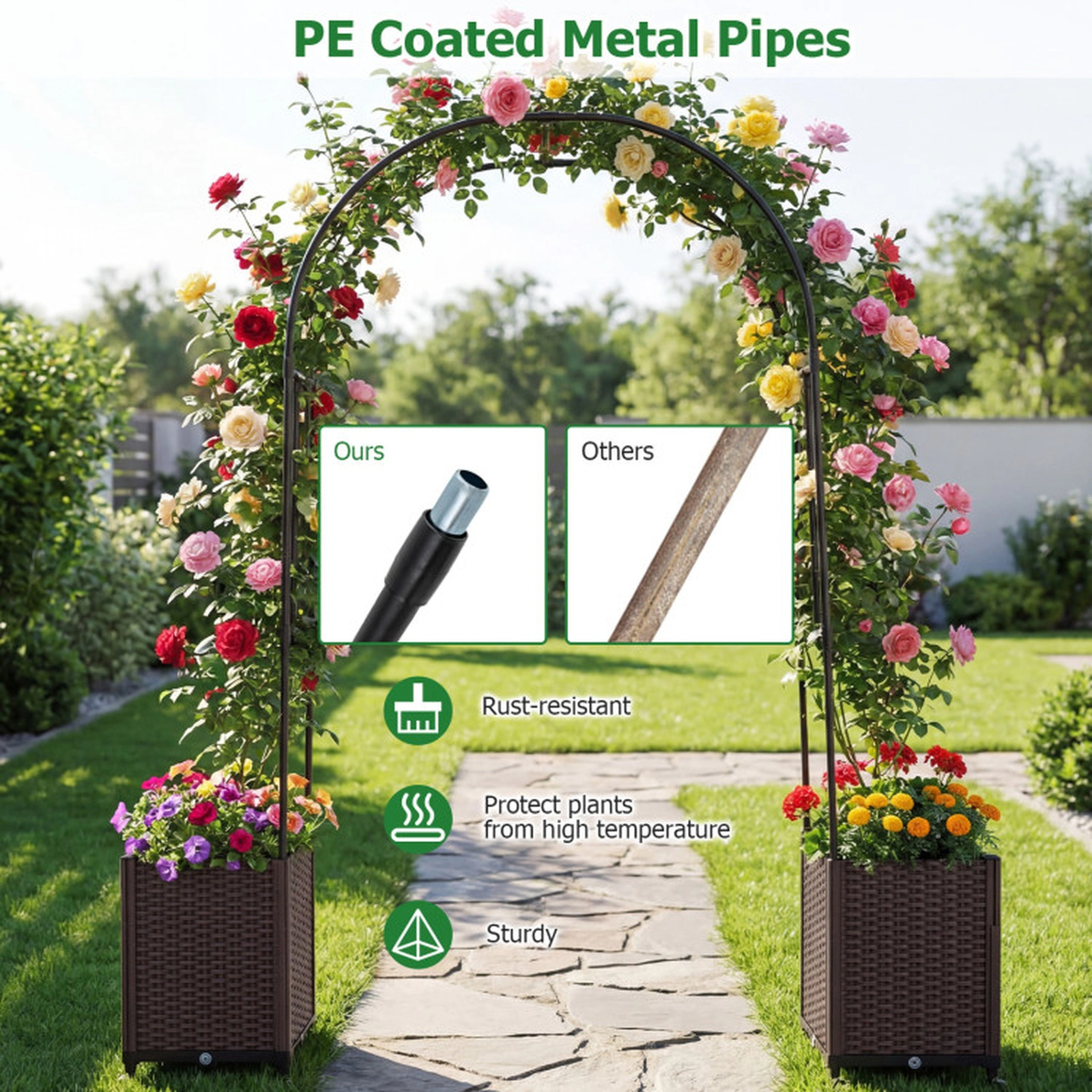 SUGIFT 91-in Black Garden Arch Trellis with 2 Self-Watering Planter Boxes and 4 Universal Wheels