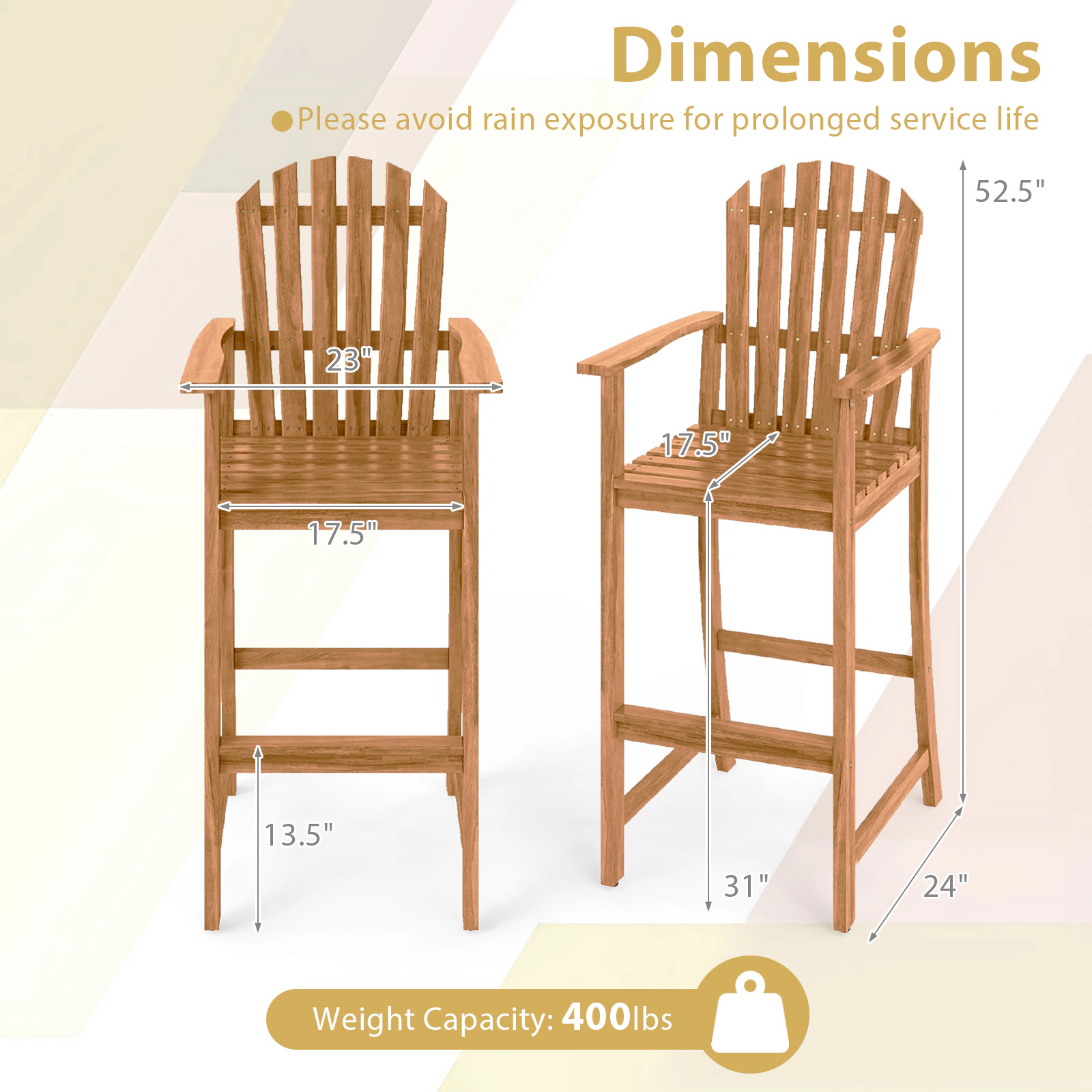 SUGIFT Natural Armrests and Footrest for Deck Tall Acacia Wood Adirondack Bar Chair