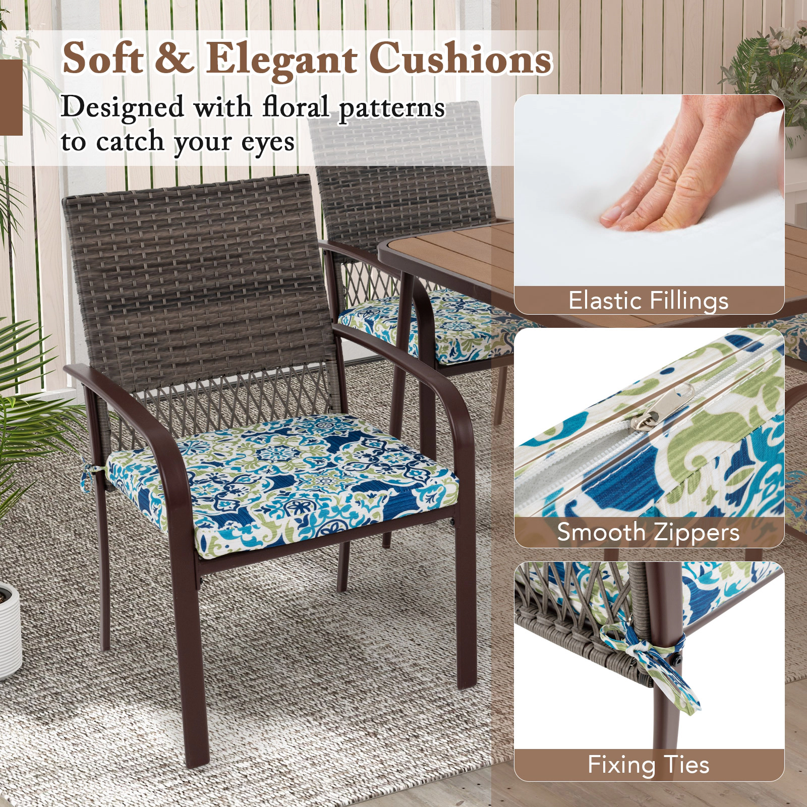 SUGIFT 5-Piece Brown Rattan Patio Dining Set with Square Table and 4 Armchairs
