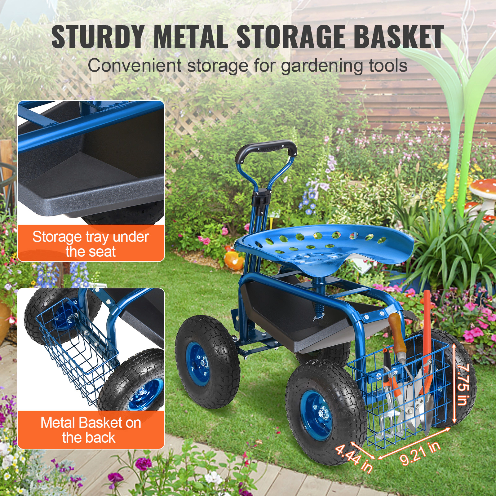 HONGGE Garden Seat with Rolling Stool Gardening Cart Storage for Yard