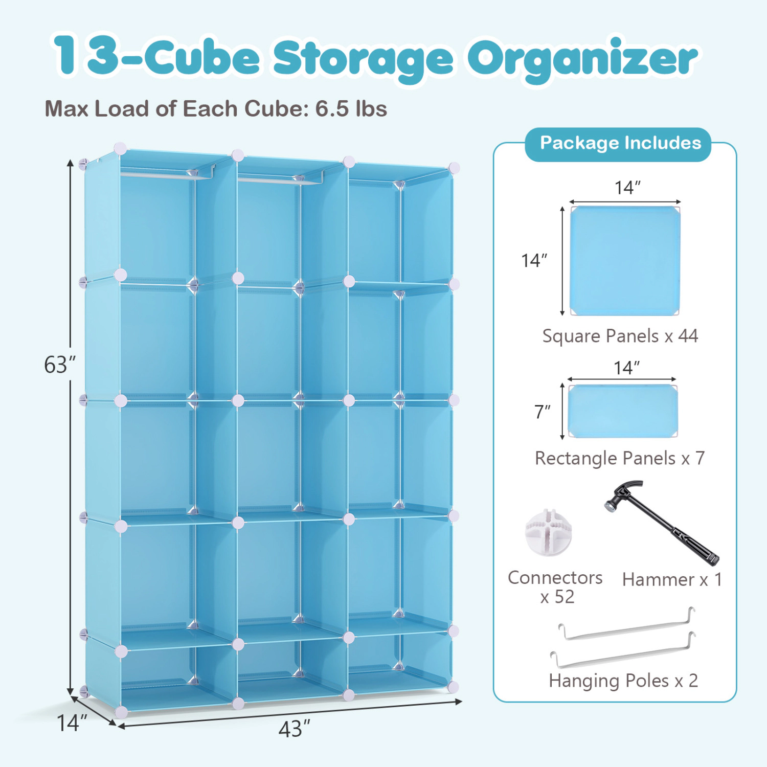 Hivvago Modular Baby Wardrobe with 13 Cubes and Hanging Rod Shelves Stackable
