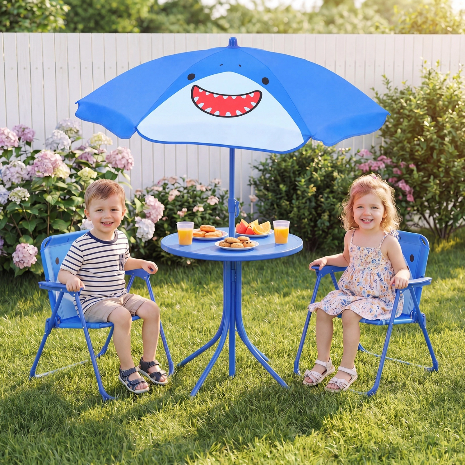 SUGIFT Kids Outdoor Table and Chair Set with Adjustable Umbrella, 2 Folding Chairs, Blue
