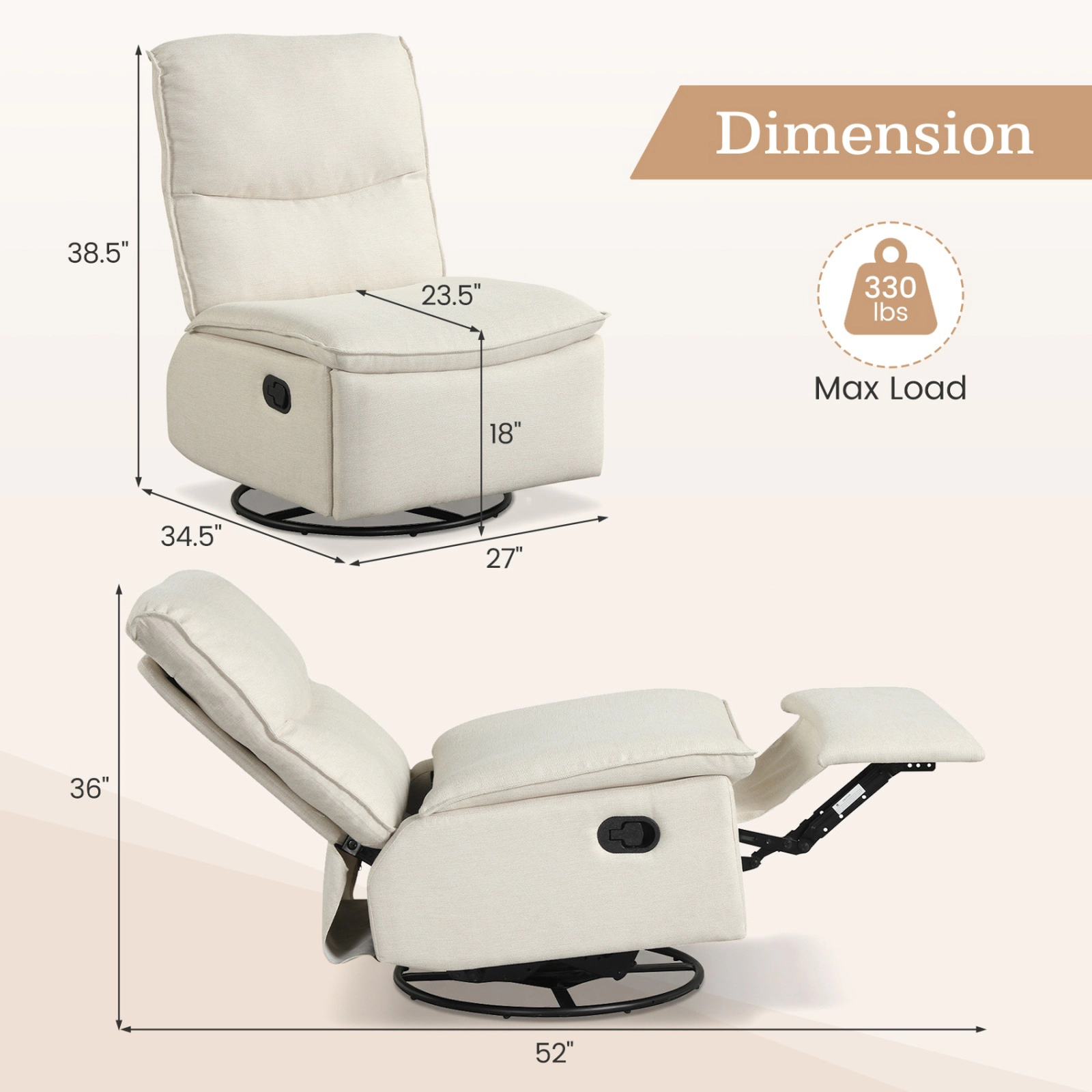 SUGIFT 360° Swivel Rocking Recliner Chair with Side Lever and Cushioned Back 330-lb Capacity Beige