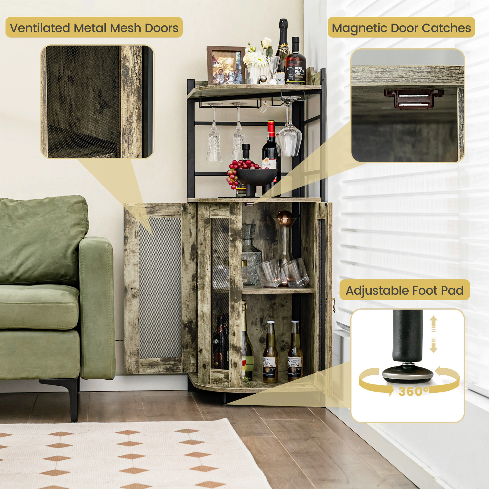SUGIFT Triangular Industrial Corner Bar Cabinet Sideboard with Glass Holder and Shelf 66-lb Countertop Capacity