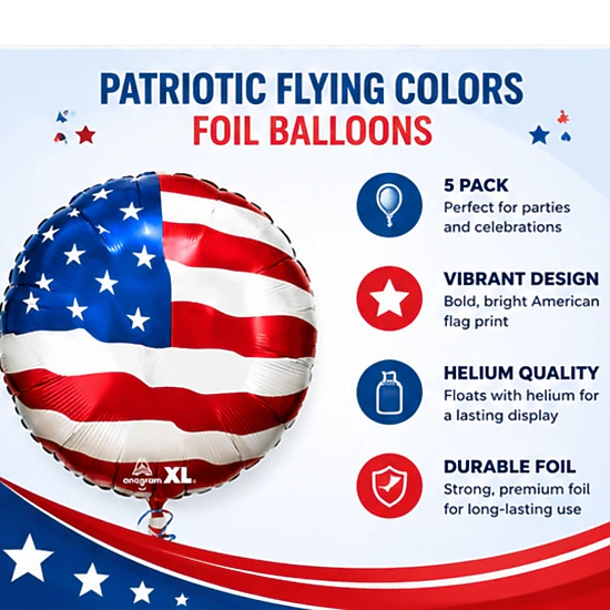 LoonBalloon Patriotic Flying Colors Foil Balloons, 5 Pack, Color ...