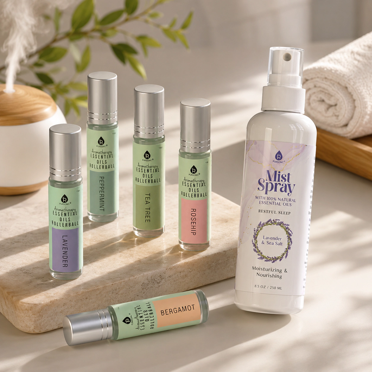 Pursonic Unisex Aromatherapy & Wellness Gift Set with Lavender & Sea Salt Mist Spray and Essential Oil Rollerball 5-Pack