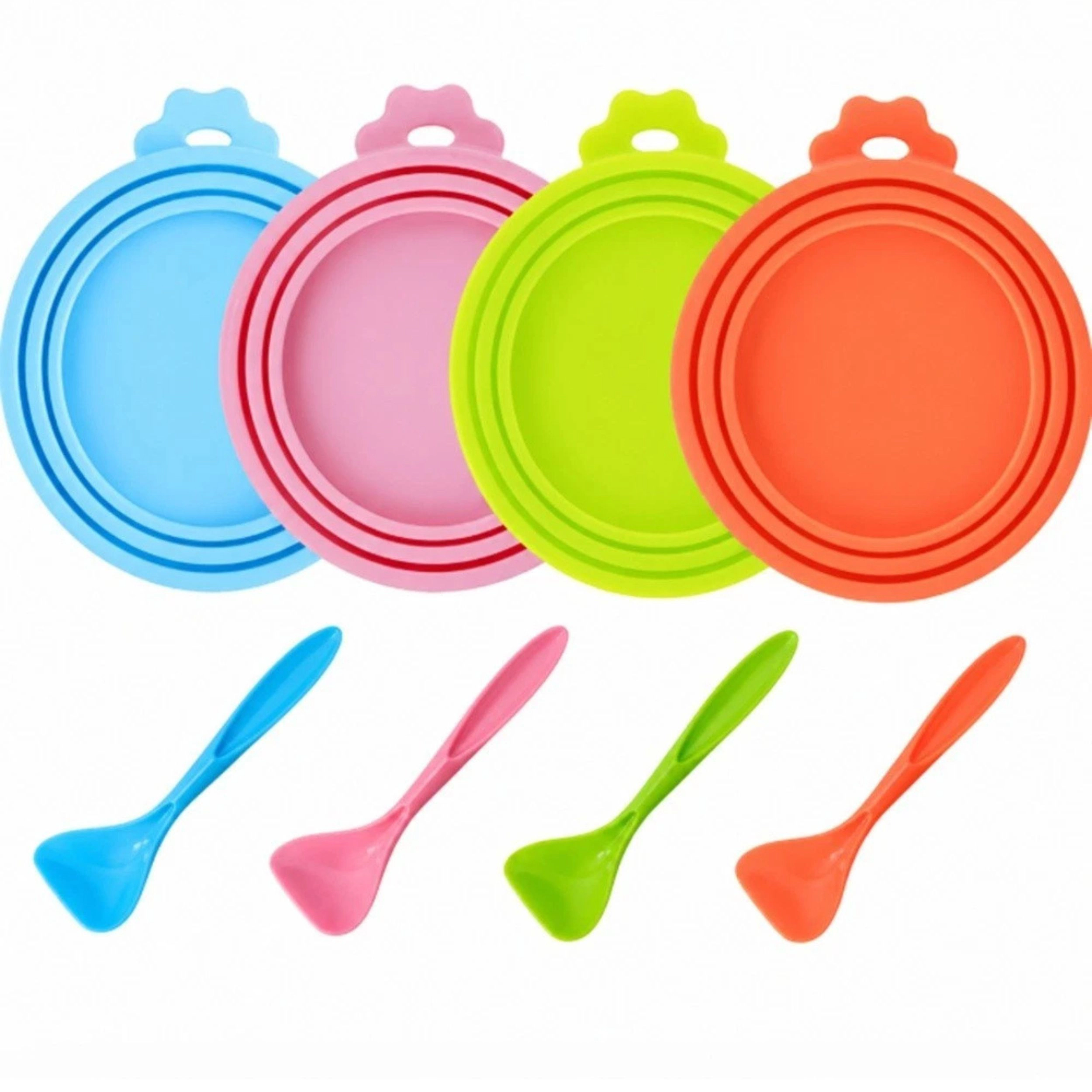 Home Collection Pack of 4 Silicone Pet Food Can Covers with Feeding Spoon