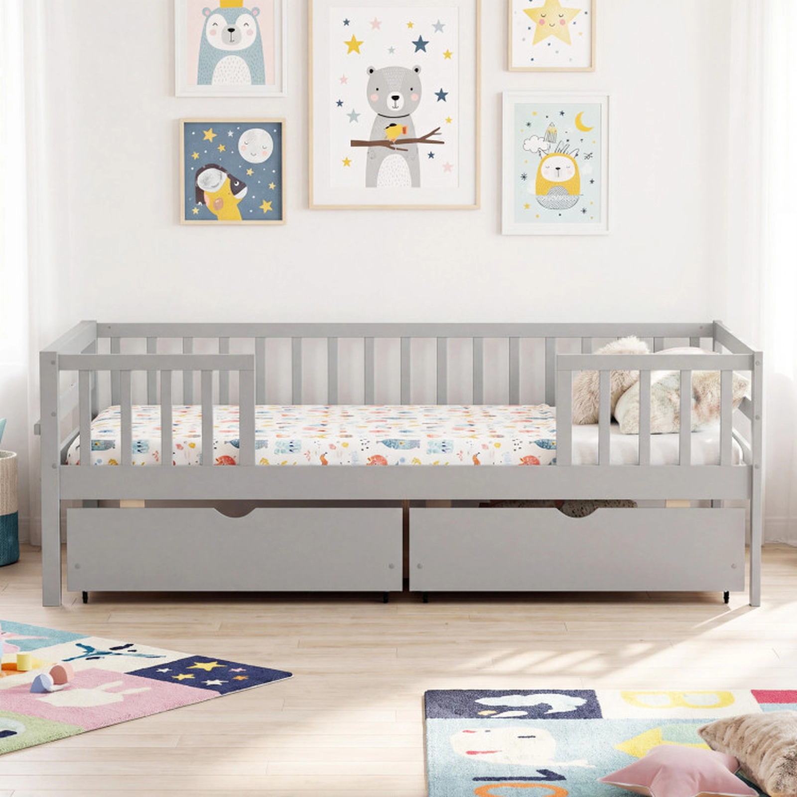 SUGIFT Gray Full-Length Fence and 2 Rolling Storage Drawers Full Size Kids Daybed