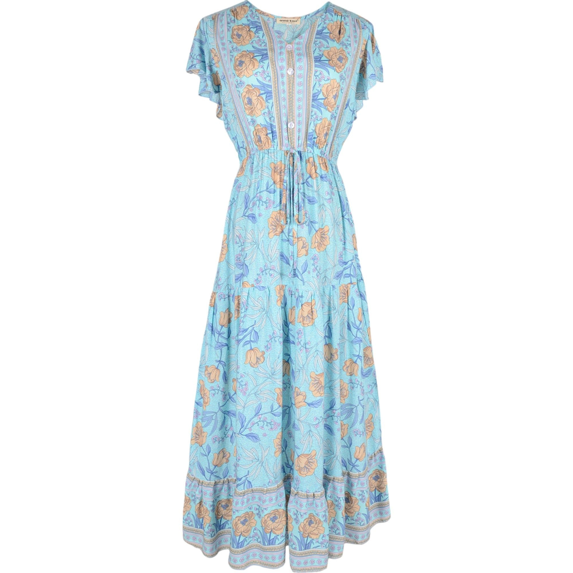 Anna-Kaci Women's Bohemian Paisley Floral Print Butterfly Sleeve V-Neck Midi Dress