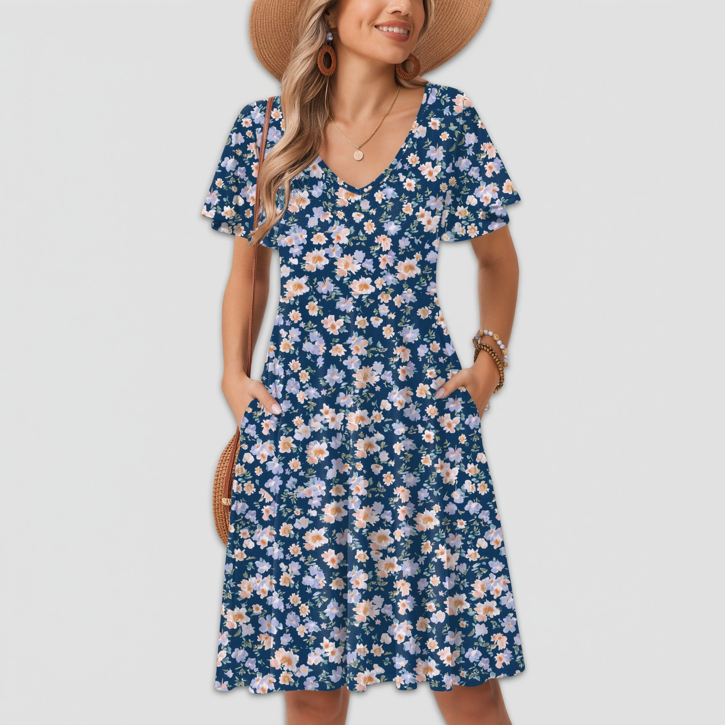 Zeagoo Women's V Neck Short Sleeve Midi Dress