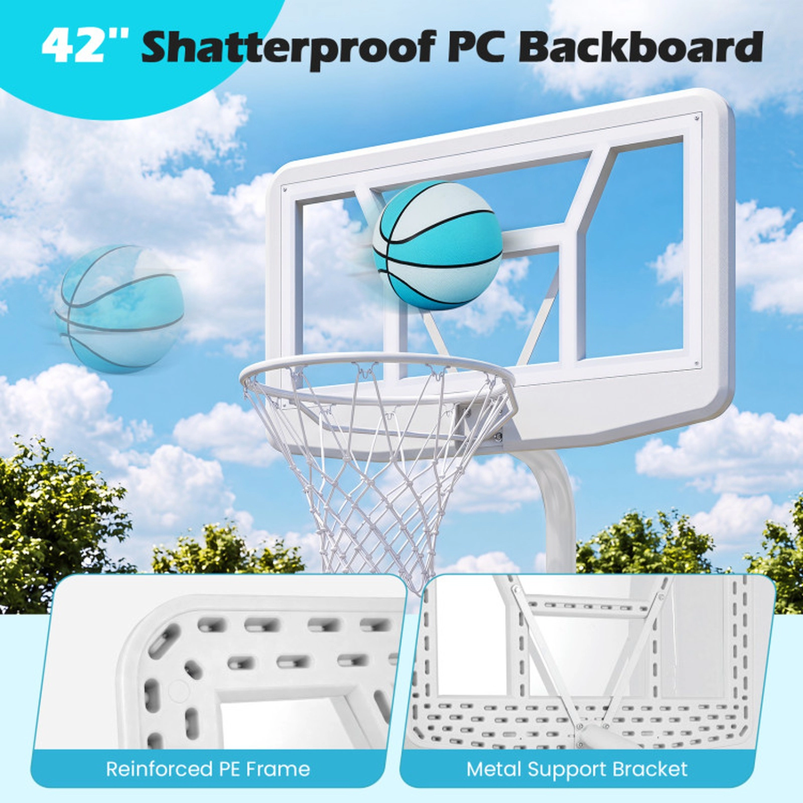 SUGIFT Shatterproof Backboard Pool Basketball Hoop Set with 2 Spheres and Pump Metal and PE Frame White