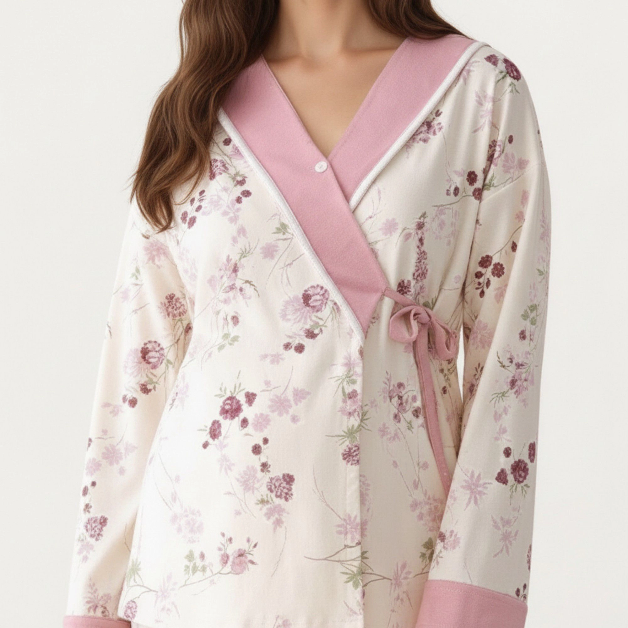 Anna-Kaci Women's 2-Piece Floral Wrap Front Pajama Top with Long Sleeves and Matching Relaxed Fit Pants