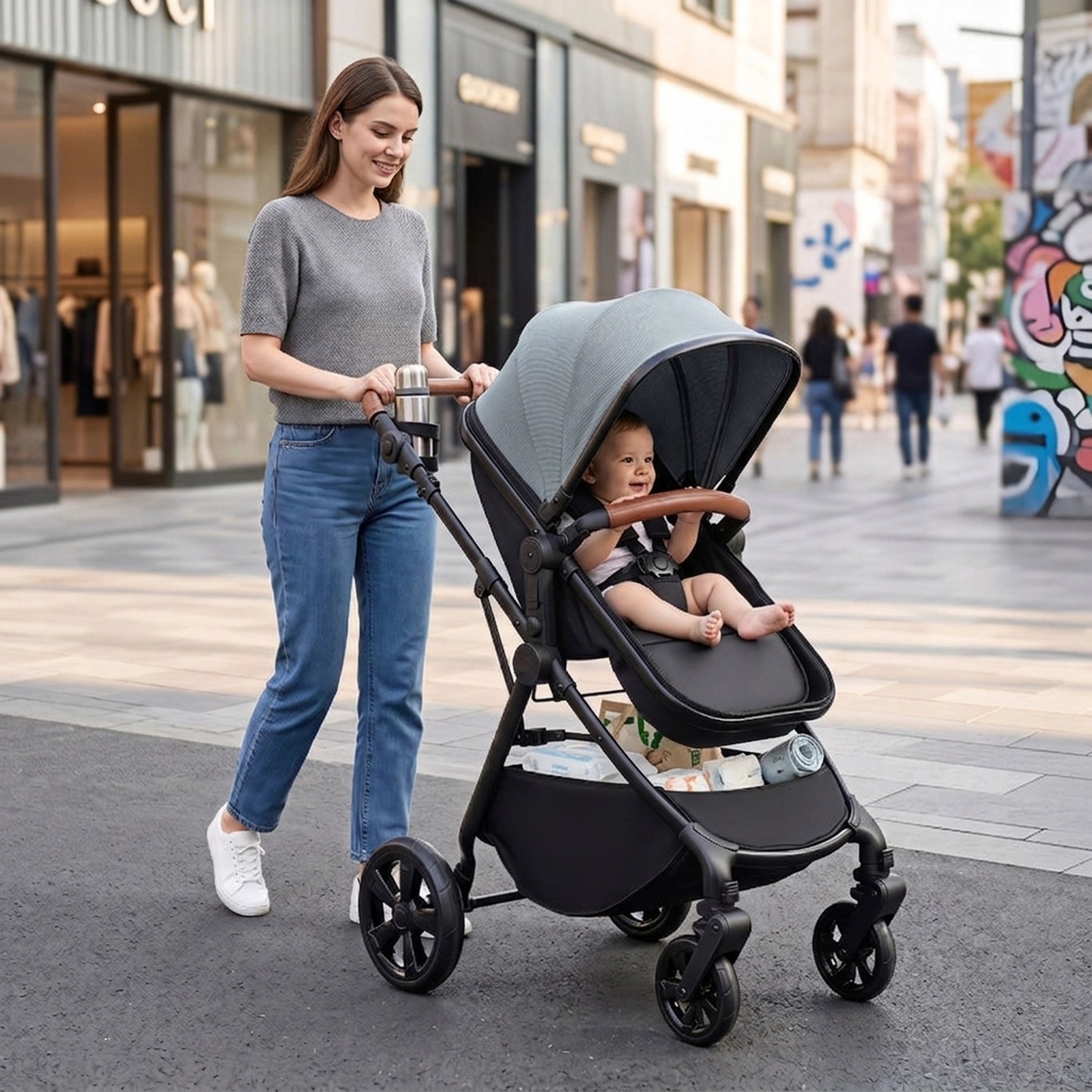 SUGIFT Turquoise 33-lb Capacity 2-in-1 Convertible Baby Stroller with Reclining Seat and Car Seat Adapters