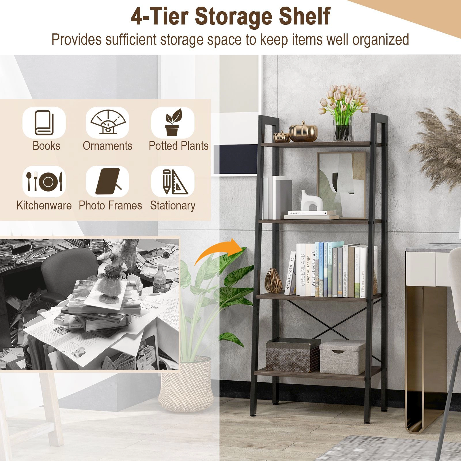 SlickBlue Modern Ladder Bookshelf with 3 Open Shelves and Cabinet