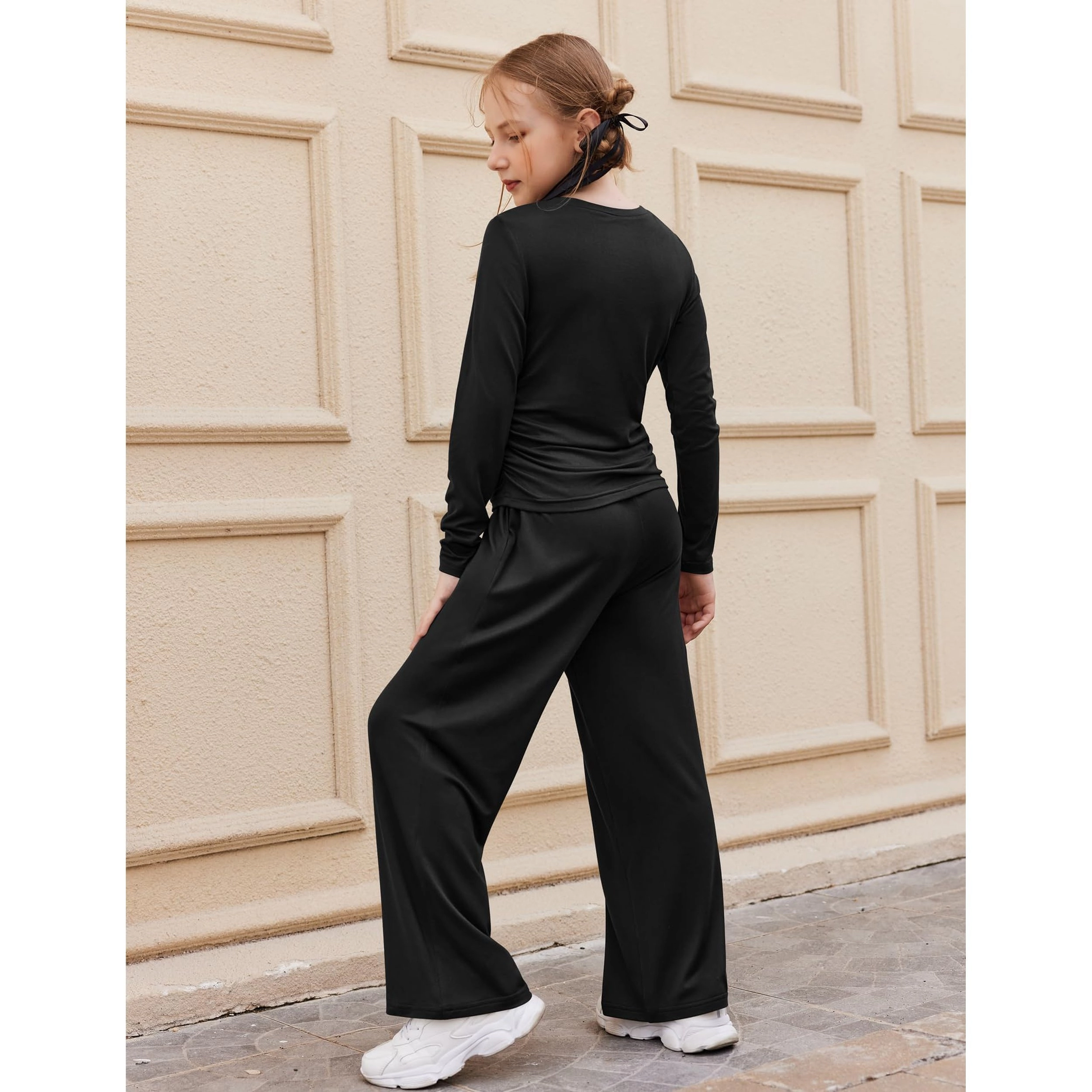 Arshiner Girls Piece Outfits Set Ruched Long Sleeve Top Wide Leg Pant Clothing