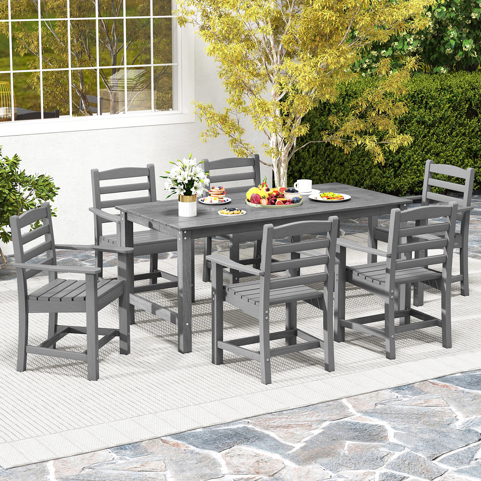 SUGIFT 67-in Gray HDPE Outdoor Dining Table for 6 with Wood Grain Top and Umbrella Hole