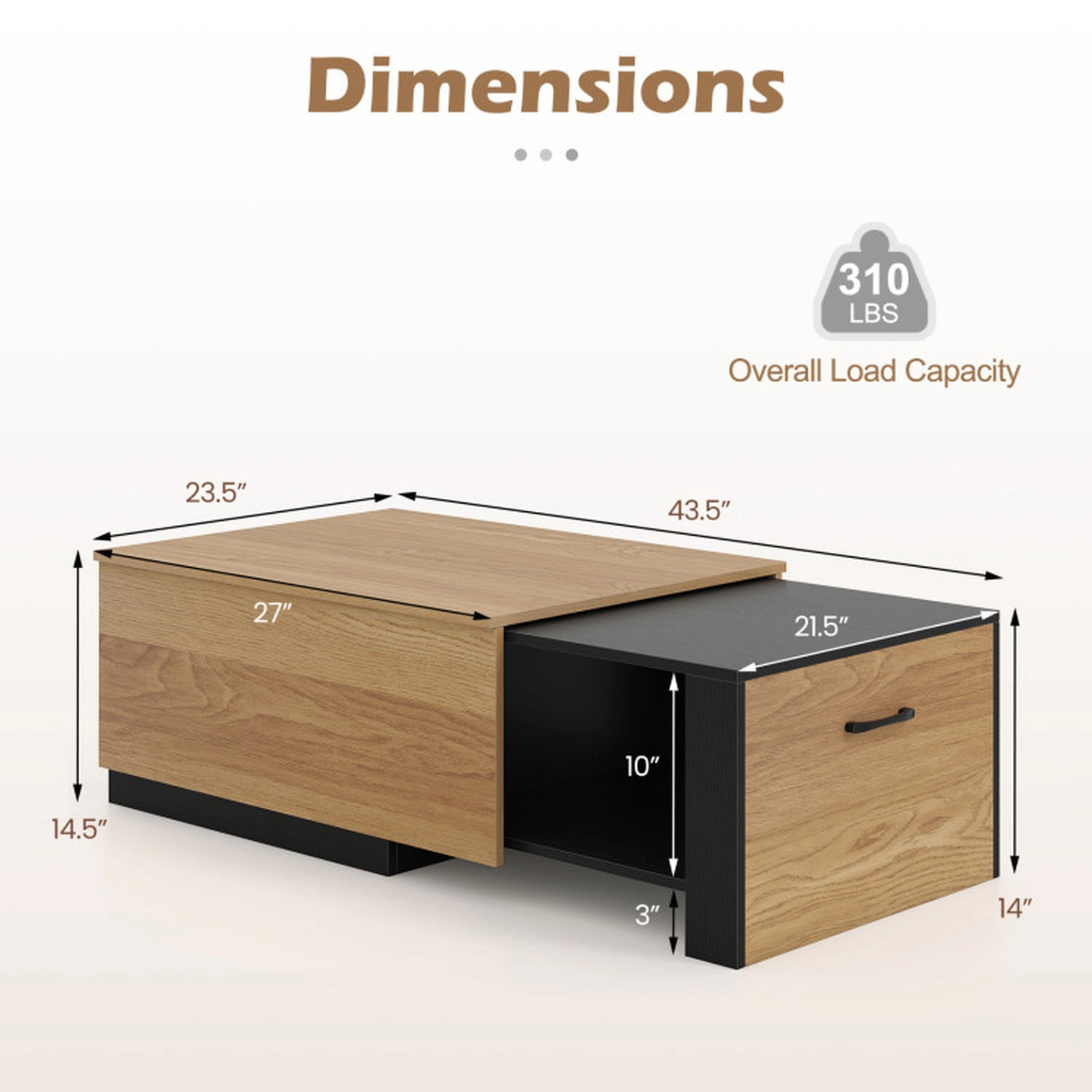 SUGIFT 27-in to 43.5-in Extendable 310-lb Capacity Natural Coffee Table with Concealed Storage Compartment