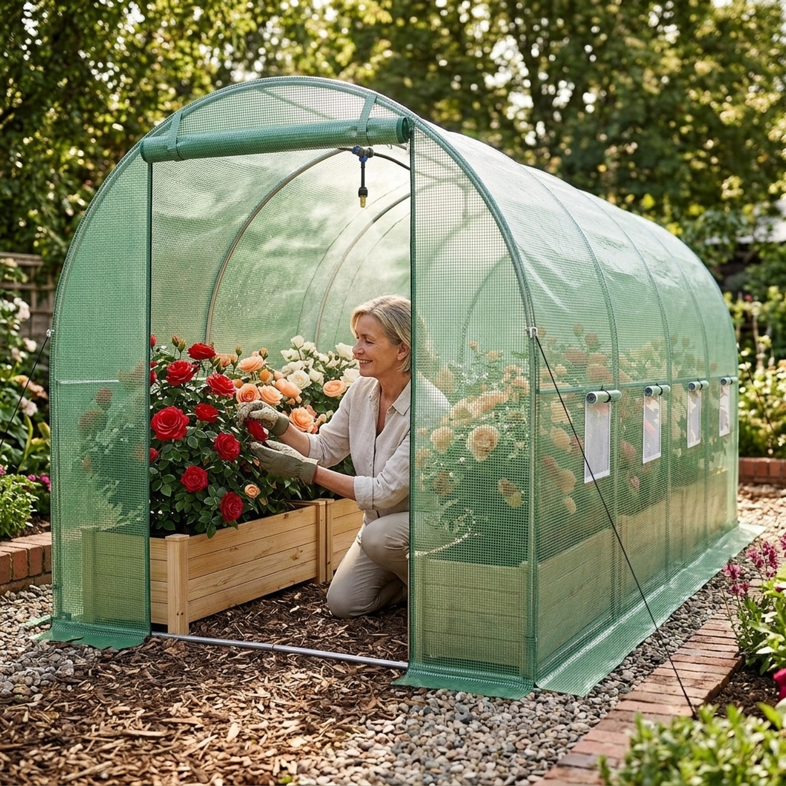 SUGIFT Walk-in Tunnel Greenhouse Green 15 x 7 x 7 ft with Watering System and 8 Mesh Windows