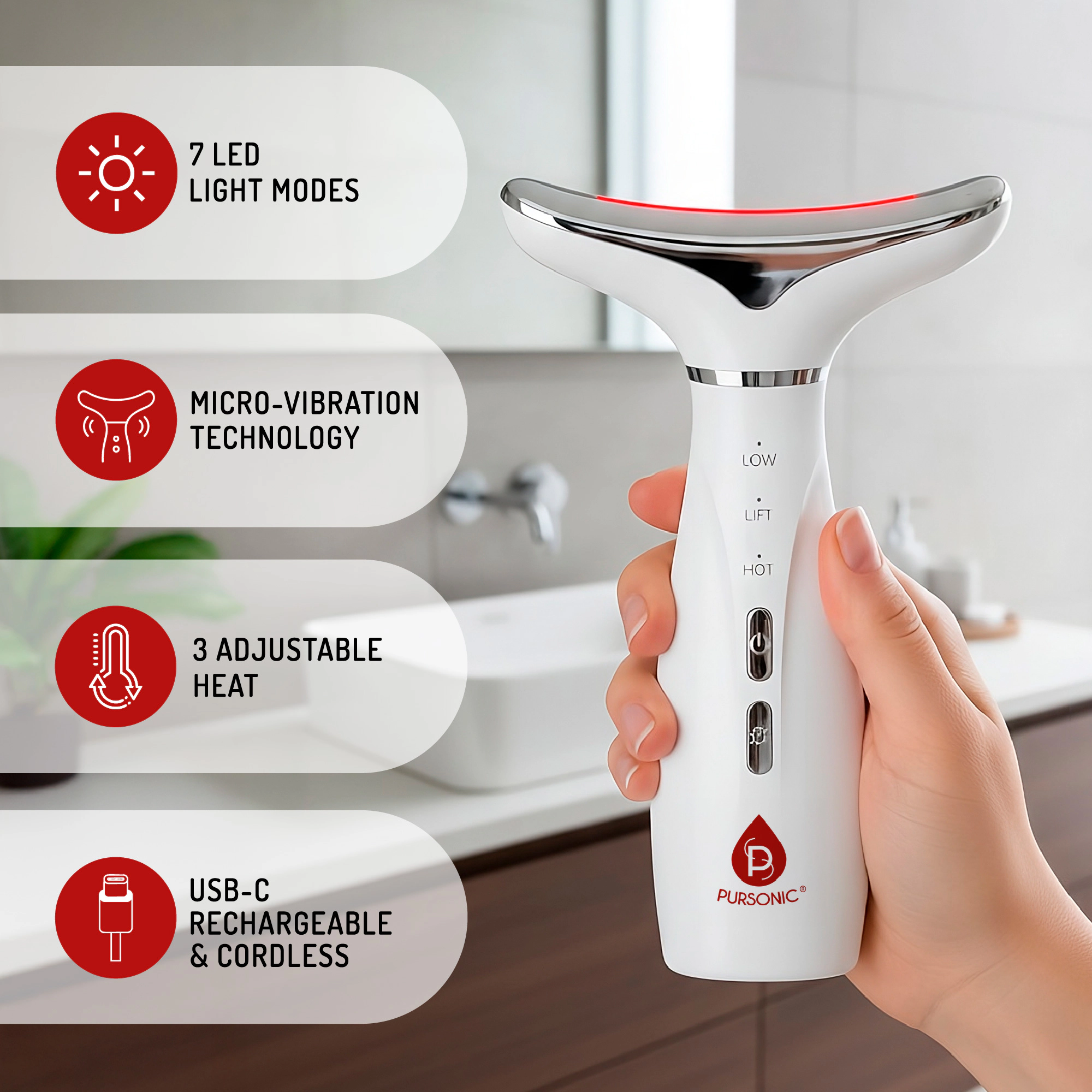 Pursonic Women’s 7-in-1 LED Therapy Device for Face & Neck with 3-in-1 Facial Cleansing System