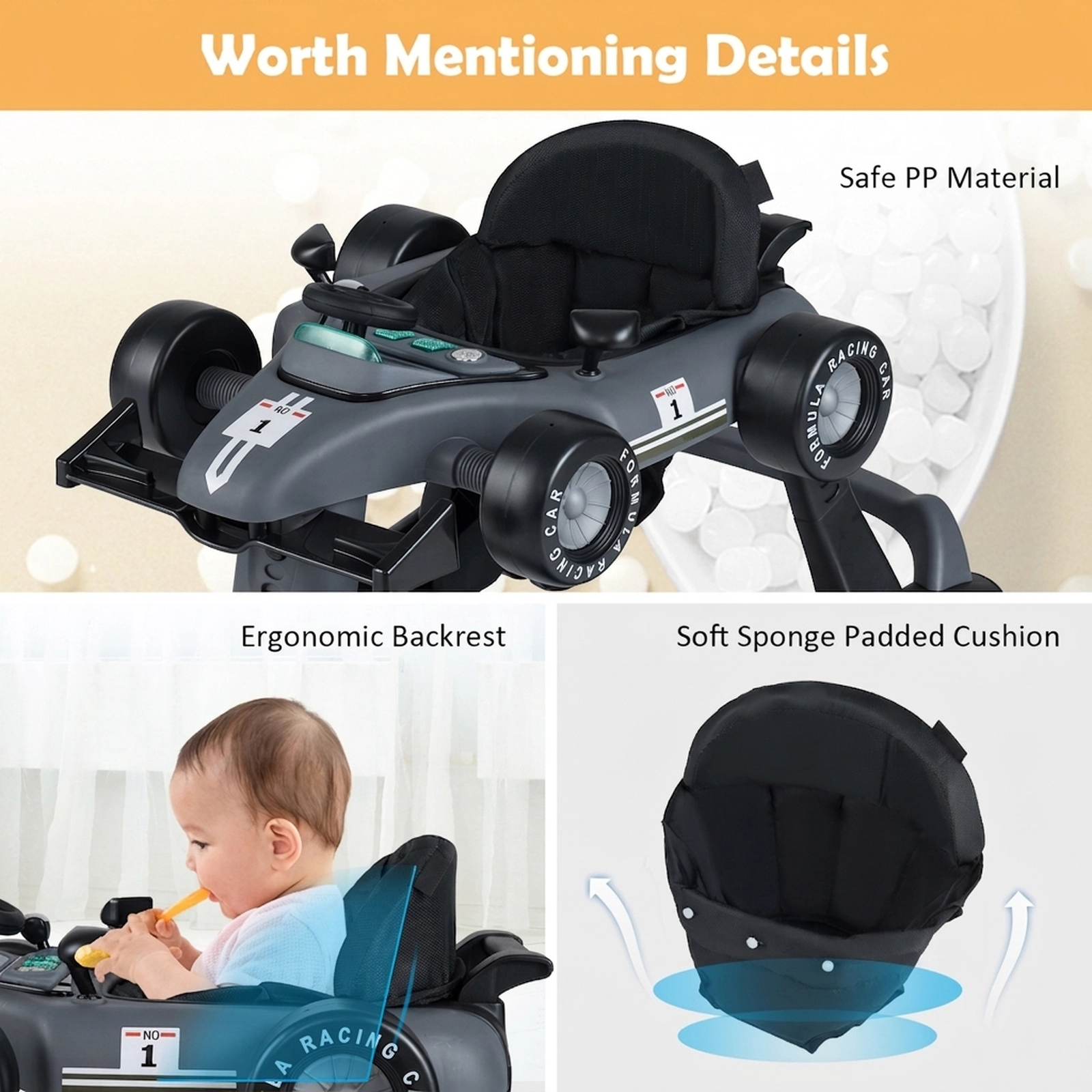 SUGIFT 4-in-1 Foldable Activity Push Walker with Adjustable Height 25-lb Capacity Ages 6-18 Months Gray