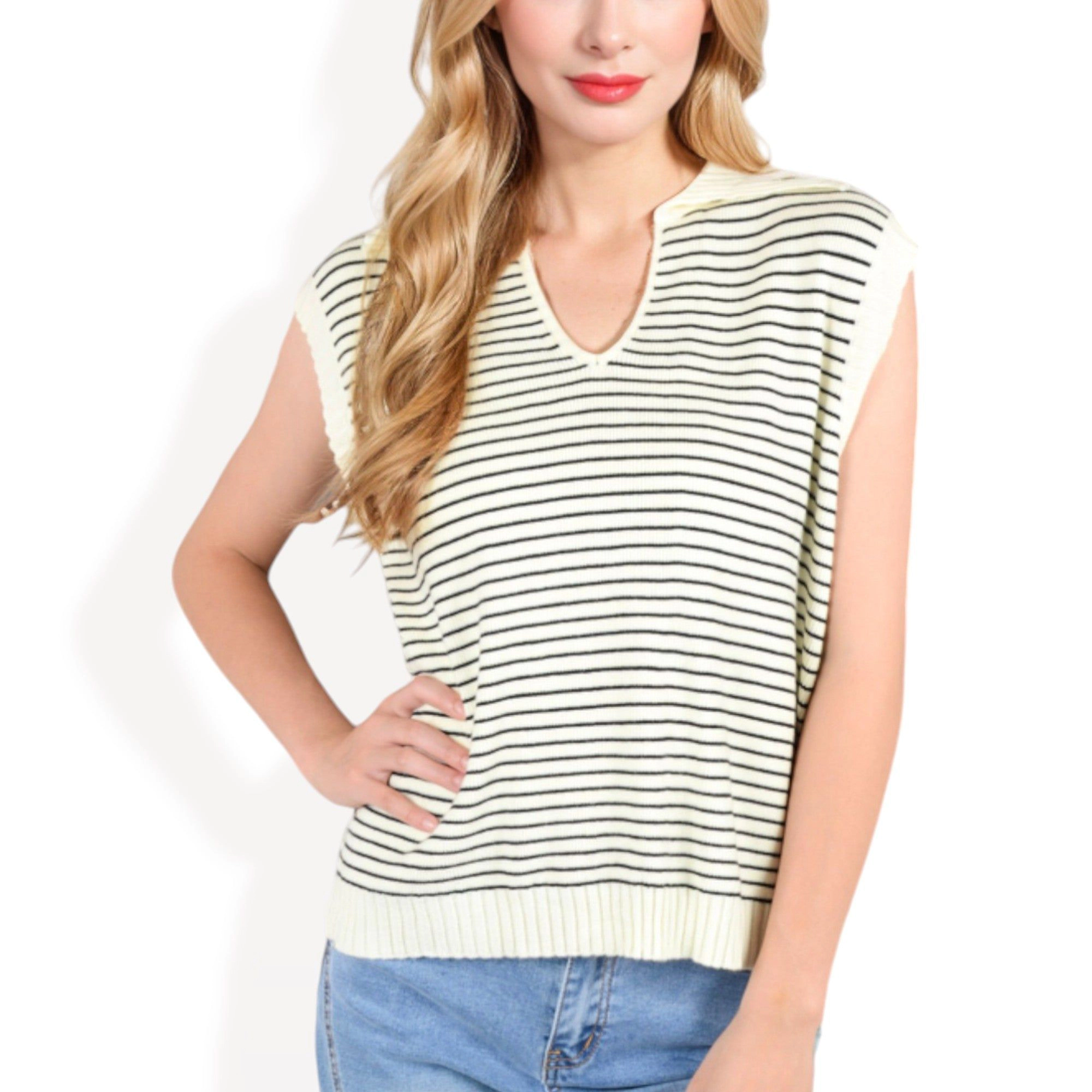 Anna-Kaci Women's Sleeveless Knit Striped V-Neck Sweater Vest with Ribbed Trim for Casual Styles