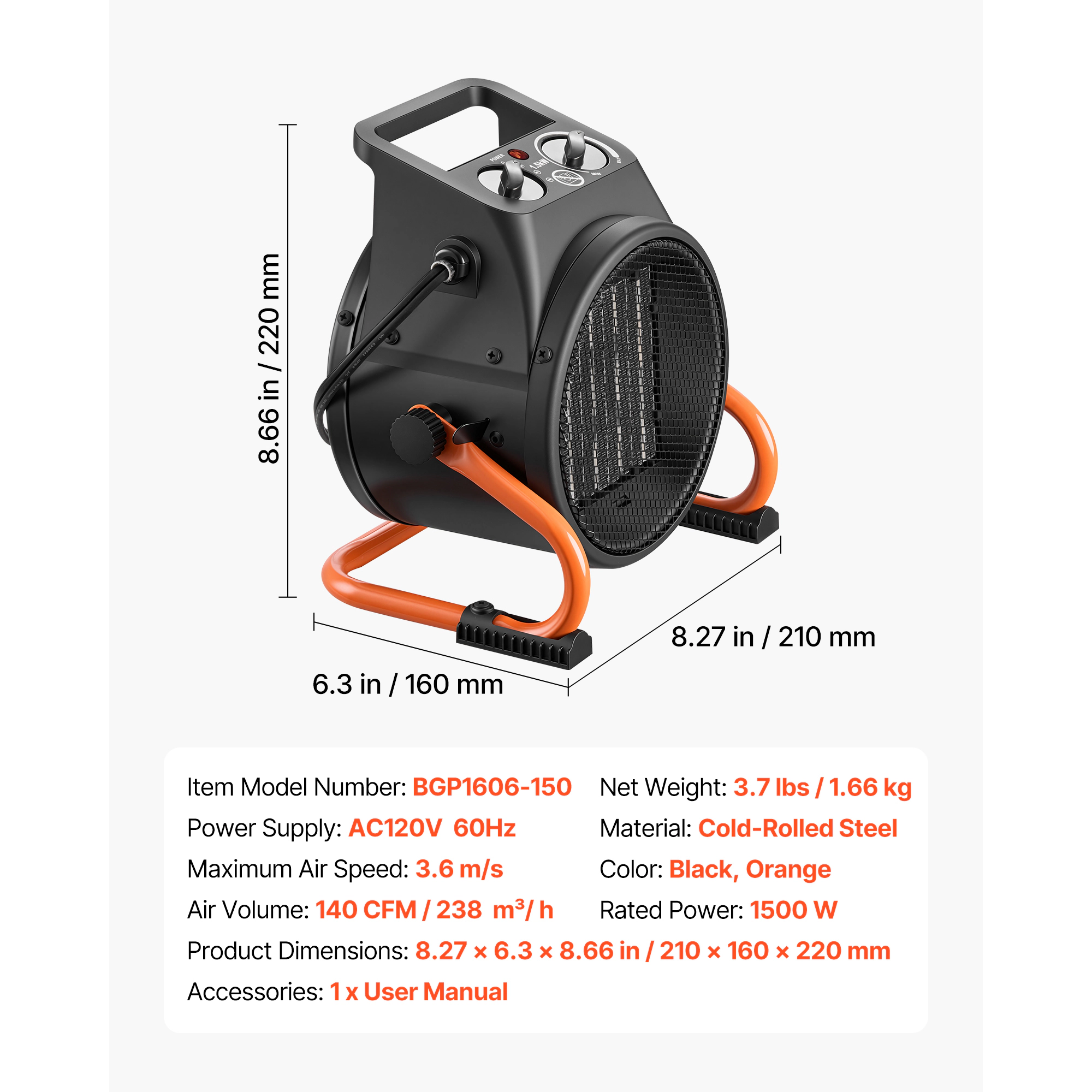 HONGGE Greenhouse Heater, 1500W Electric Space Heater with Fan, High Heat Modes, Adjustable Angle, Overheat Protection