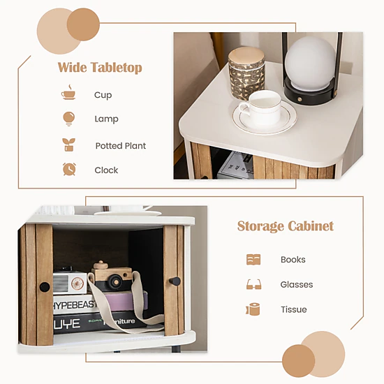 SUGIFT 19.5 in White Mid-Century Nightstand with Sliding Doors and Metal Legs