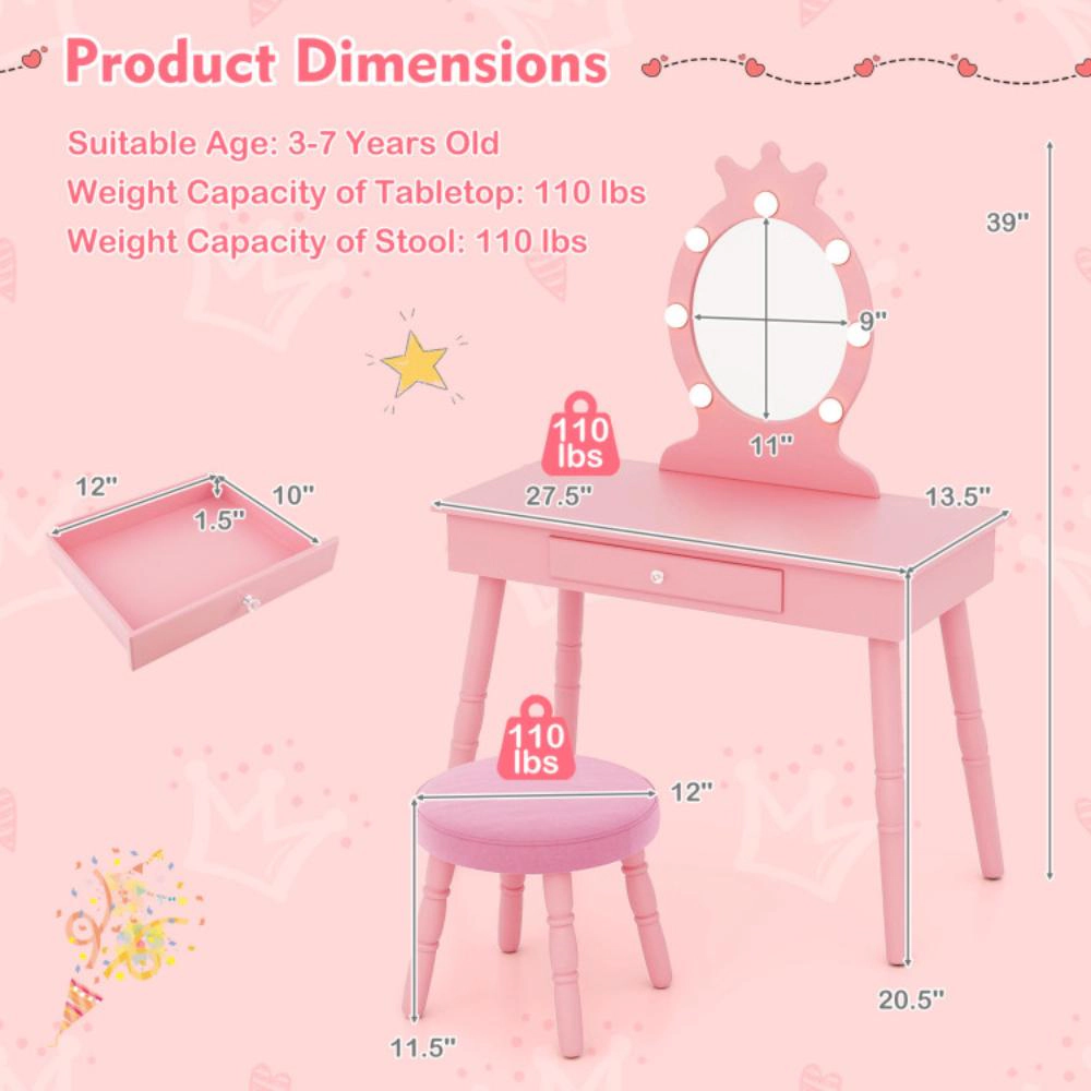 Hivvago Kids Vanity Set With Lighted Mirror Adjustable Brightness And Large Drawer