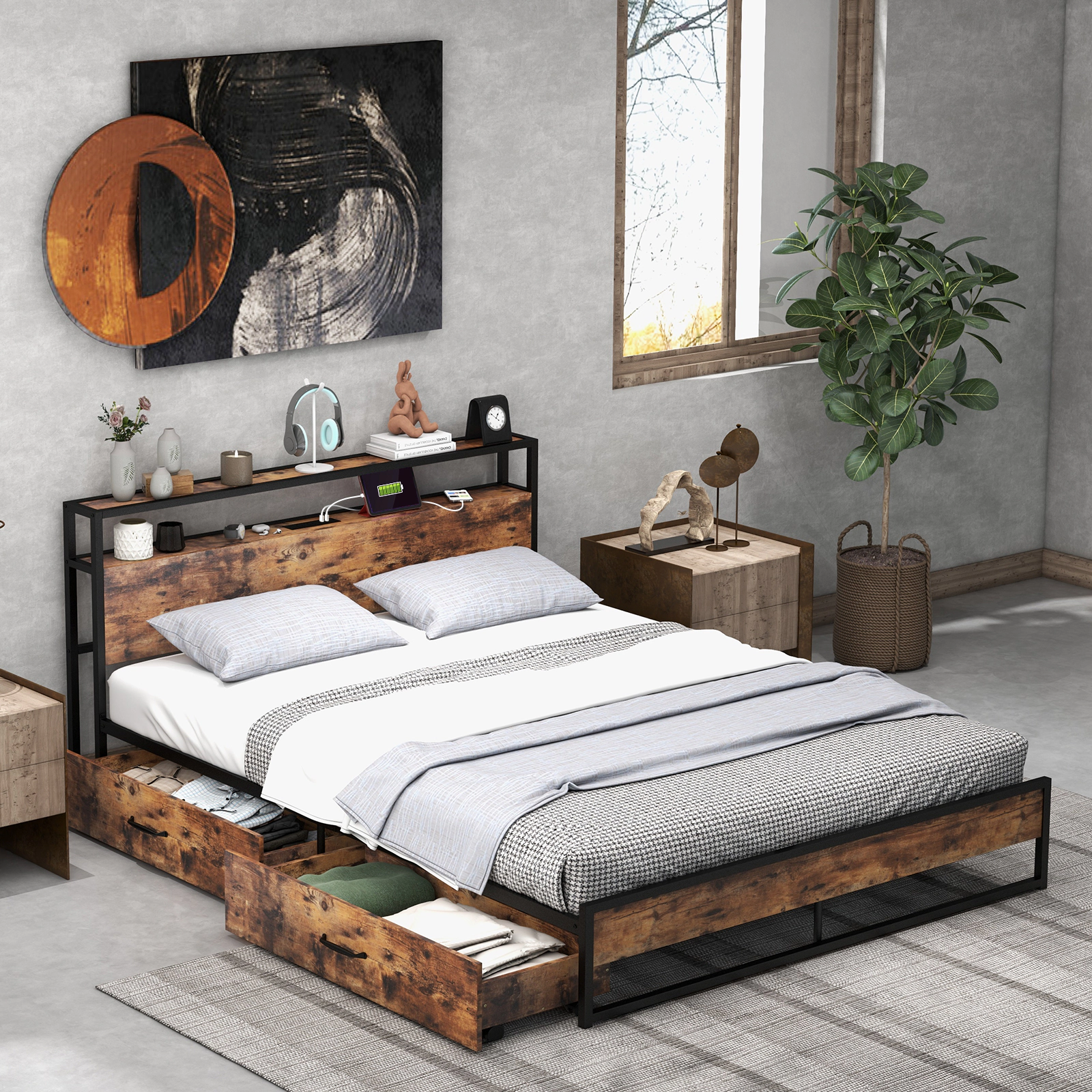 LJG Full/Queen Bed Frame with 2-Tier Storage Headboard and Charging Station