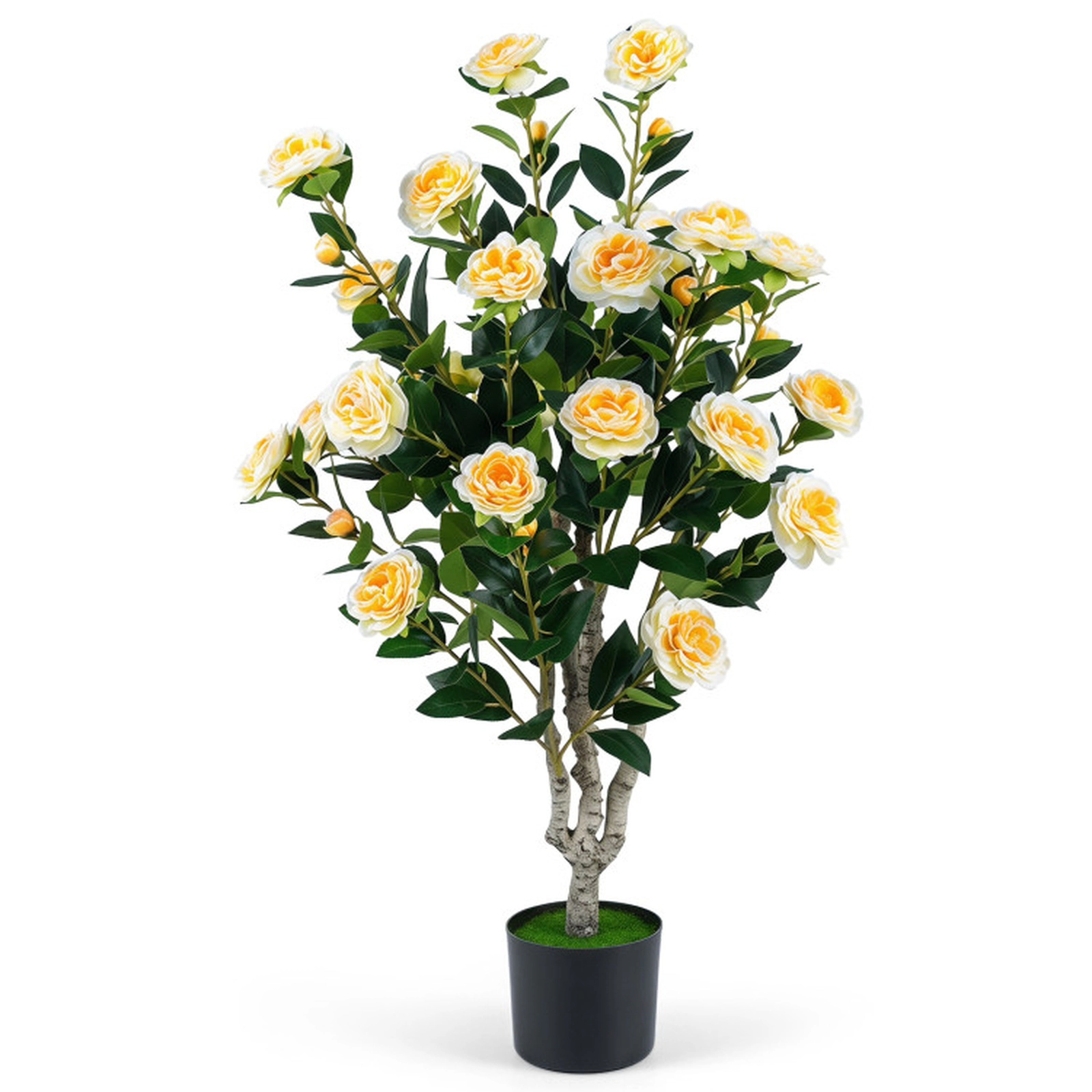 SUGIFT 39.5-in Artificial Camellia Tree with Orange Blossoms in Cement Pot Orange/Pink/Yellow & Green