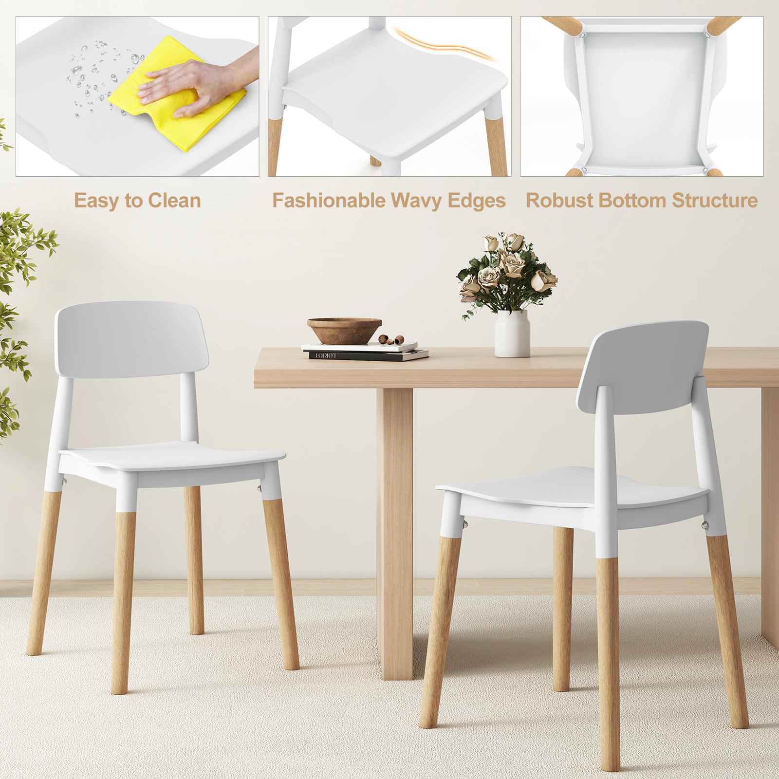 SUGIFT White Modern Ergonomic Backrest Beech Wood Legs Set of 4 Dining Side Chairs