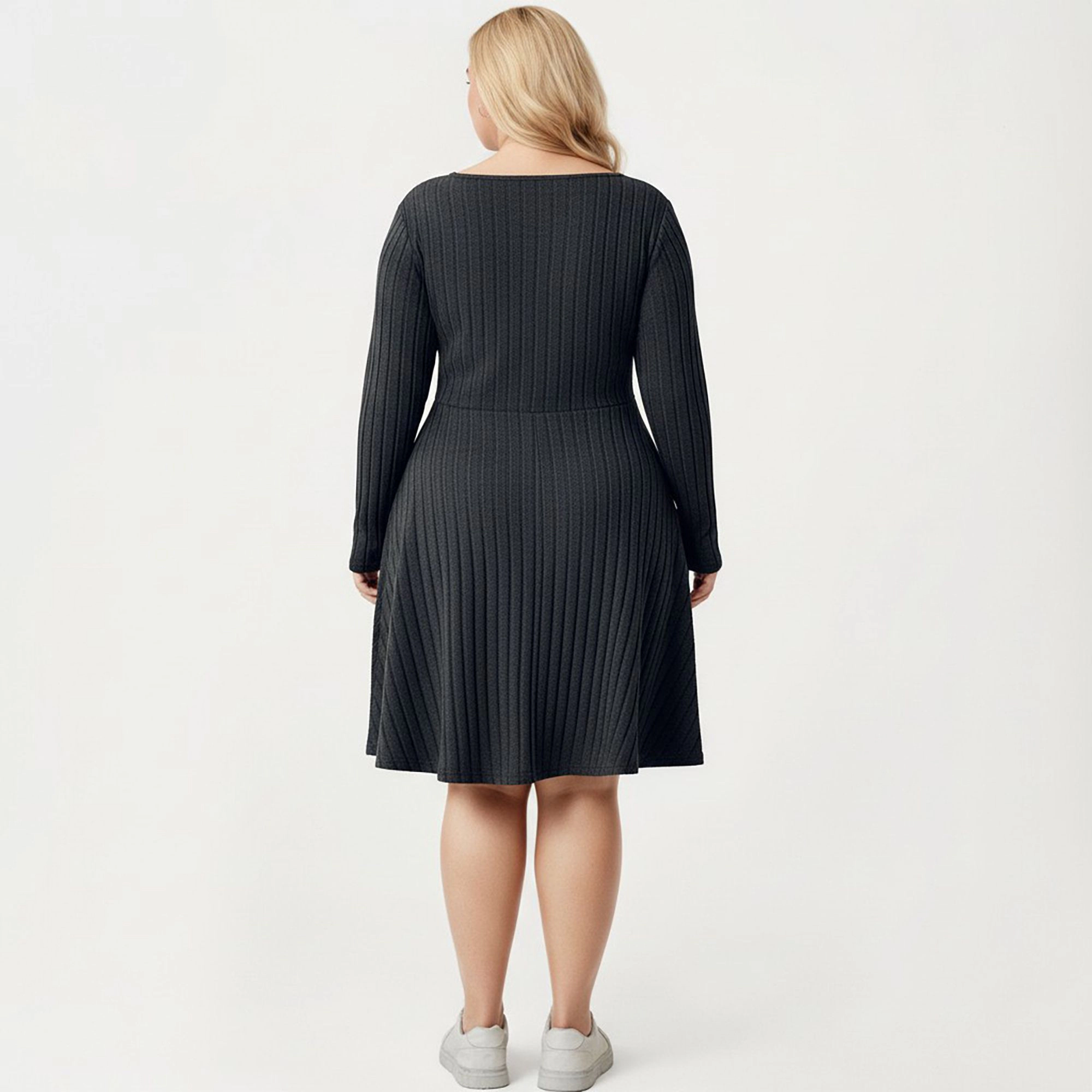 Anna-Kaci Women's Plus Long Sleeve Ribbed Tie Front Flared Skirt Knit Dress