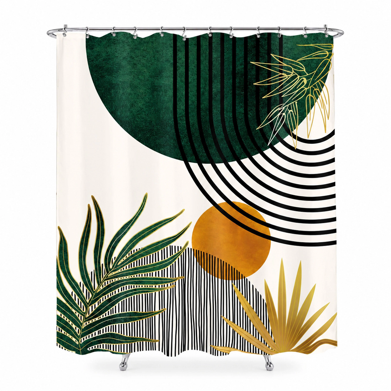 WZK Mid Century Boho Green Leaf Waterproof Polyester Fabric with Hooks Shower Curtain