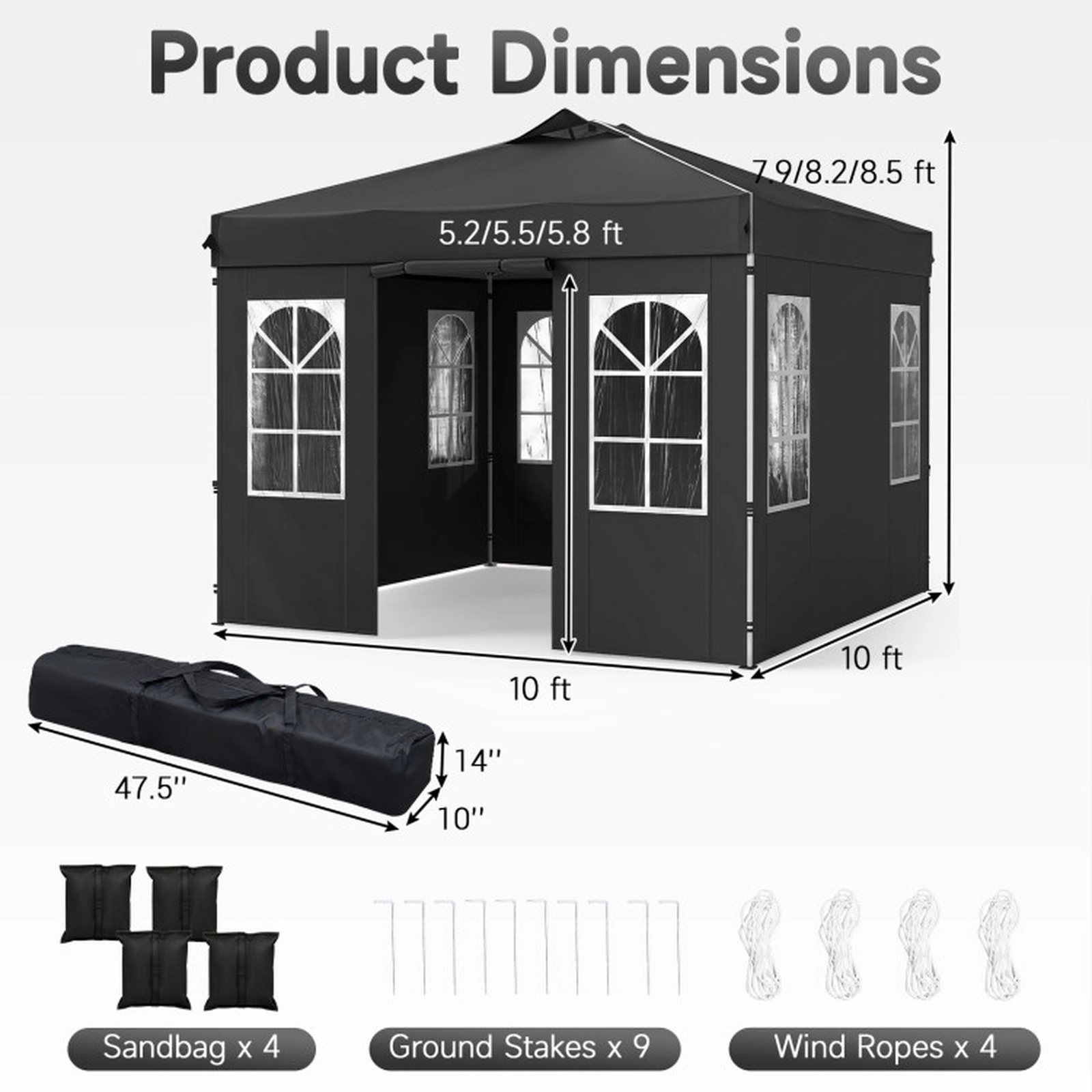 SUGIFT Pop Up Canopy Gazebo Tent with 4 Removable Sidewalls 3-Level Adjustable Height Waterproof Fabric Black