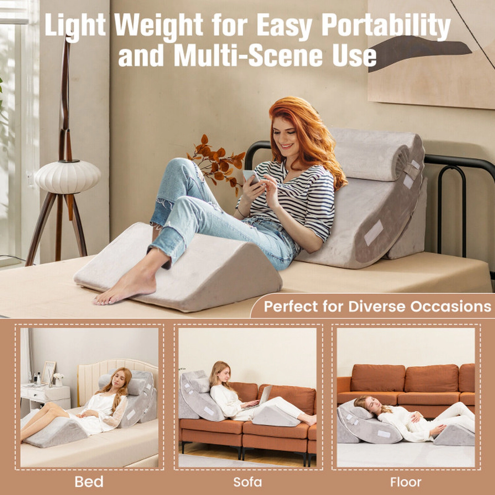 SUGIFT 4-Piece Memory Foam Bed Wedge Pillow Set Back Neck Leg Relief 24-in Wedge 27-in Backrest 23.5-in Headrest Gray