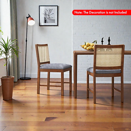 Hivvago Rattan-Accented Dining Chairs in a Set of Two with Rubberwood Frames and Linen Upholstered Seats