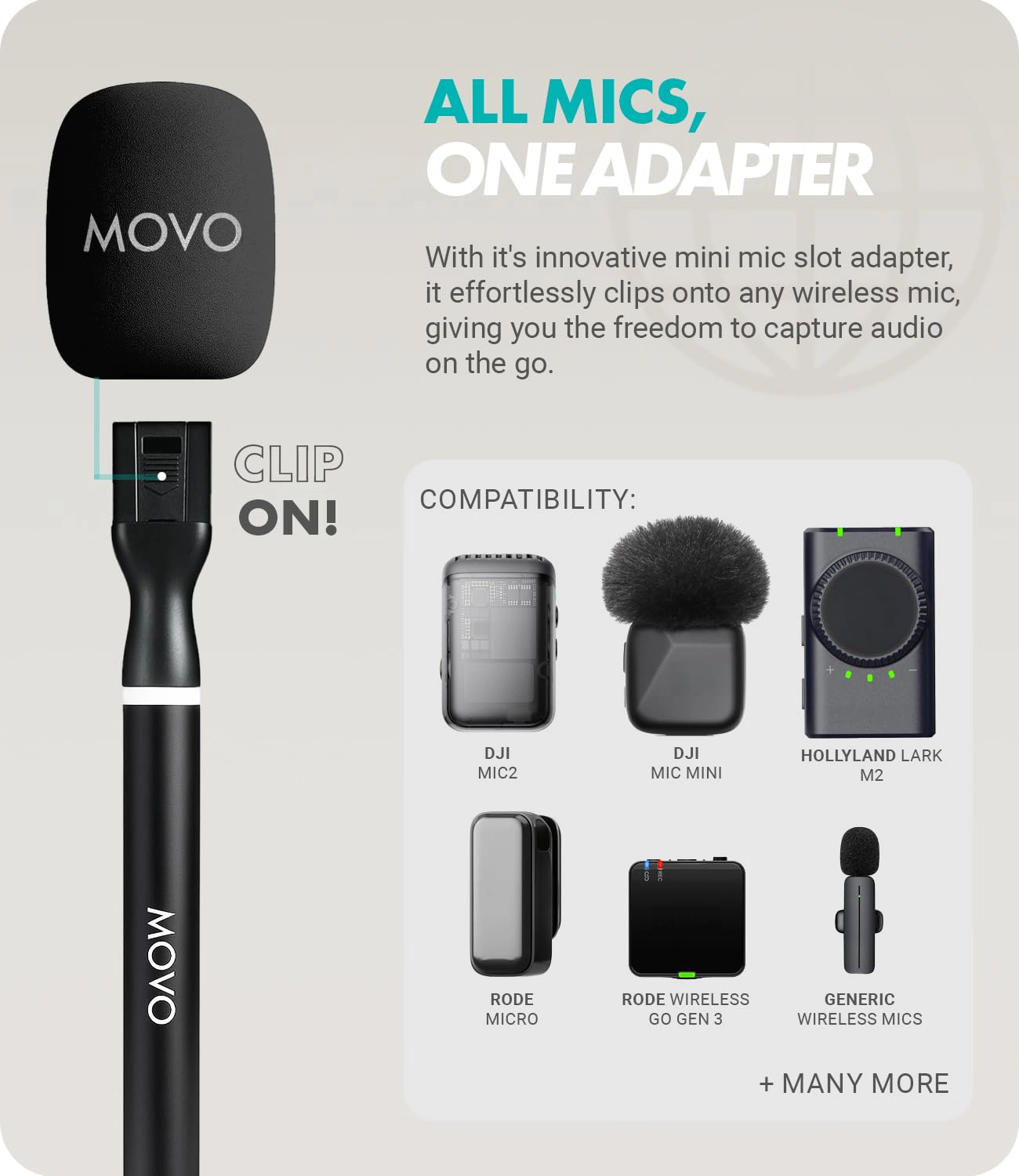 Movo WMX-HM2 Wireless Microphone Handle for DJI Mic, Rode GO II – Handheld Interview Grip with Mic Holder, Adapter