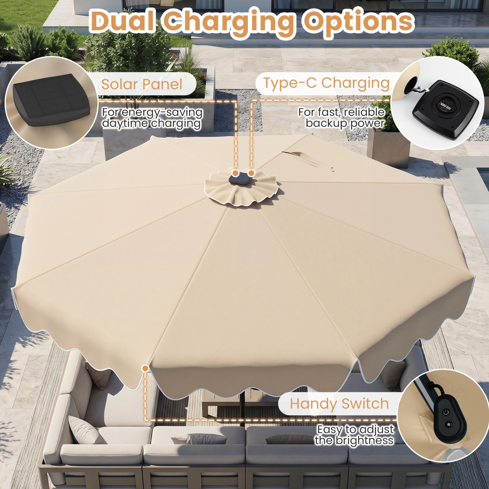 SUGIFT 104 Color-Changing LED Lights and Push Button Tilt 9 FT Solar Patio Umbrella