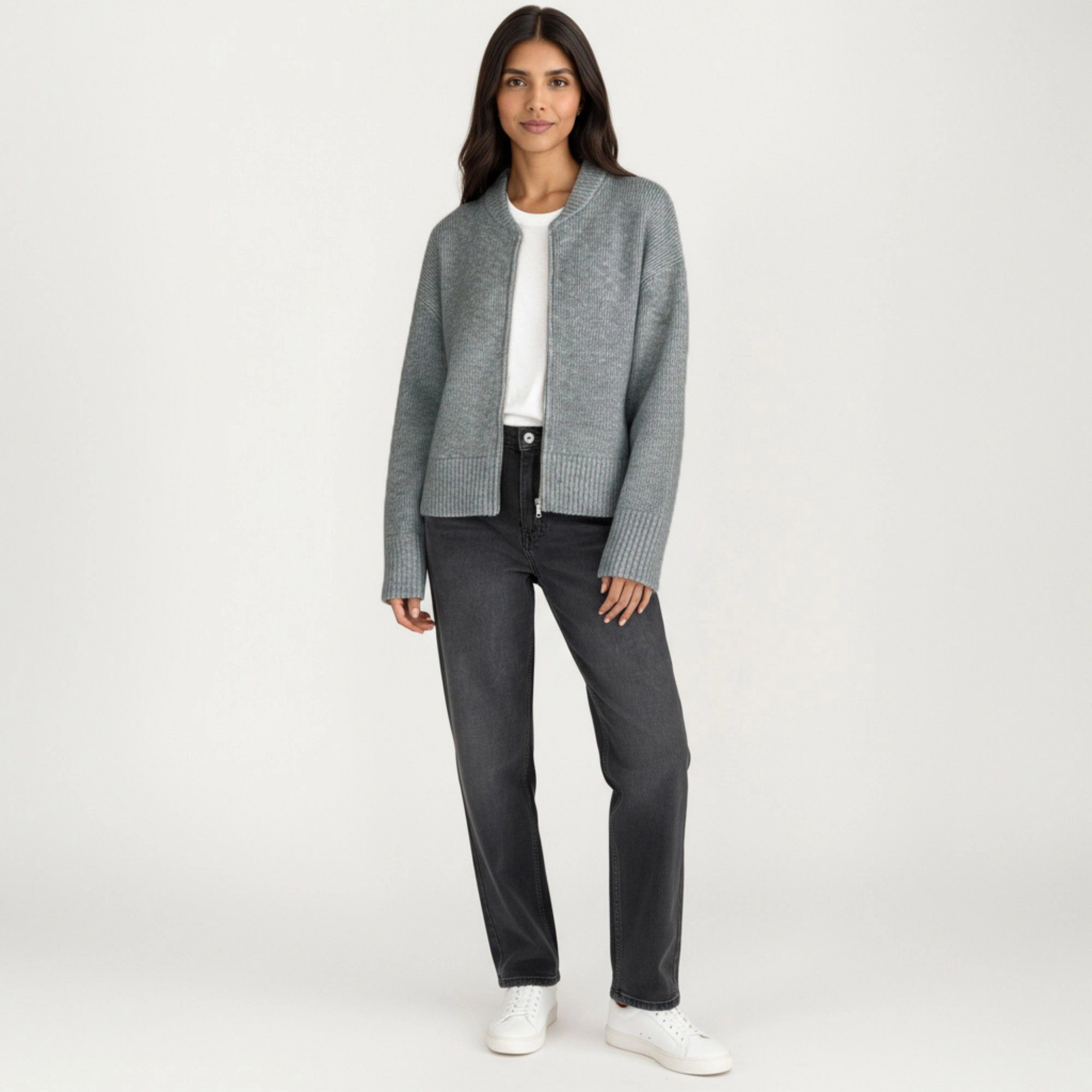 Anna-Kaci Women's Zip Front Rib Knit Pullover Top with Structured Cuffs and Textured Hem for a Clean Modern Finish