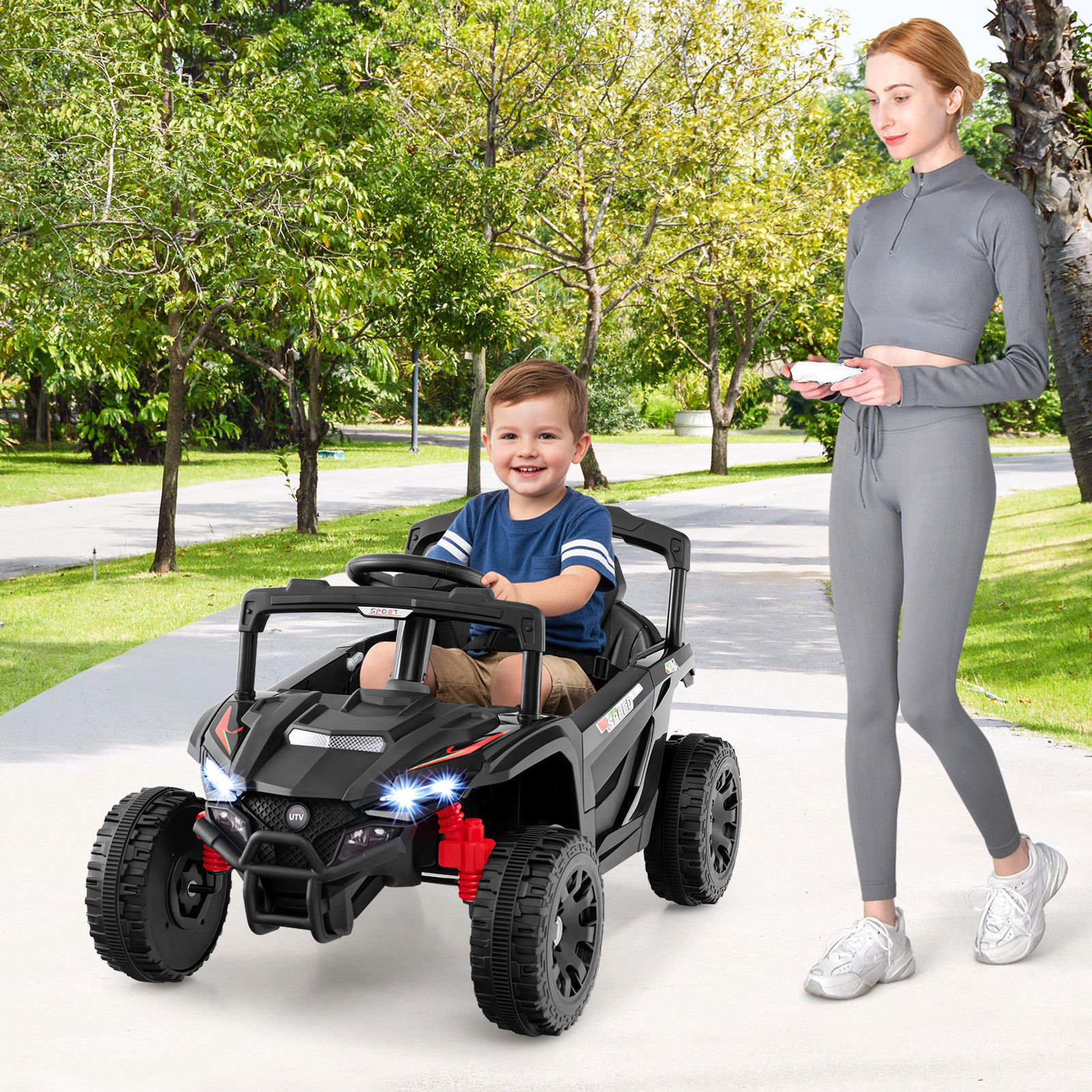 12V Kids Ride On UTV with Parent Remote Emergency Brake Lockable Doors Spring Suspension and LED Lights Ages 3+ Black