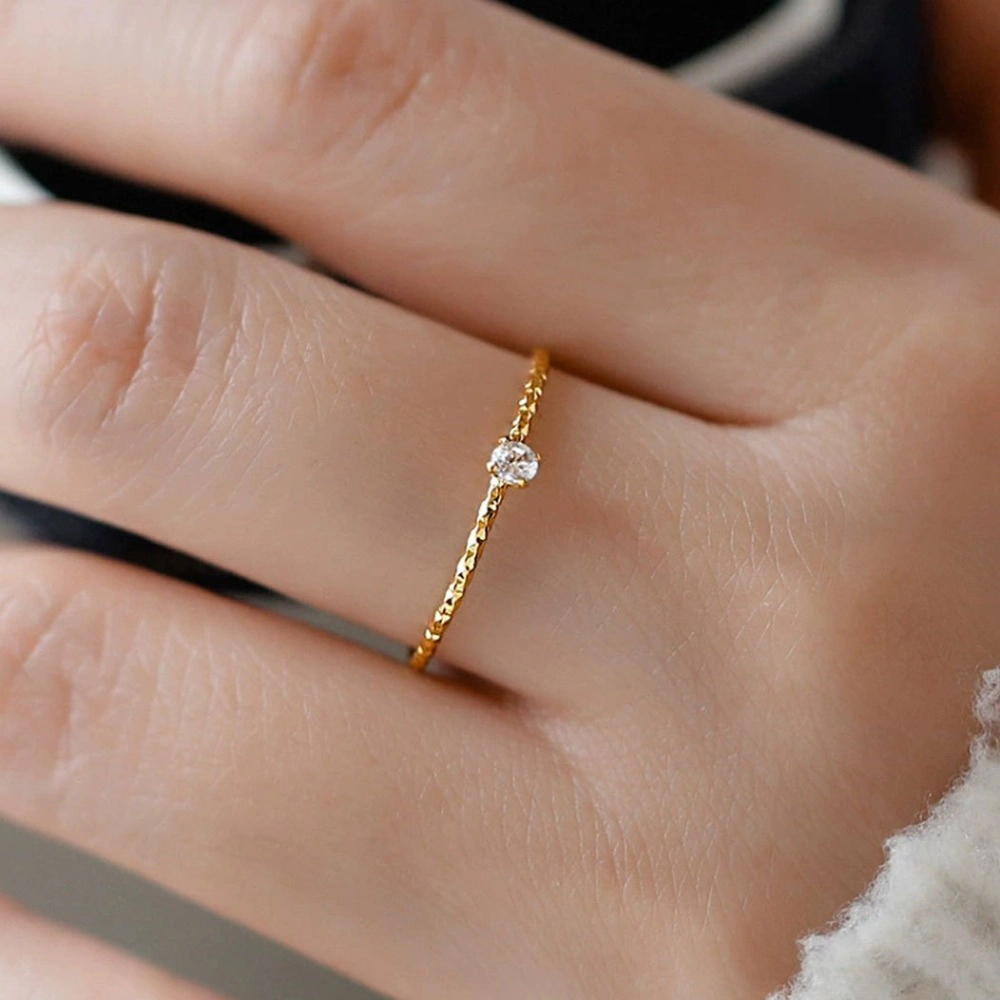 Dainty Hammered Thin Band Ring Solitaire Cubic Zirconia Minimalist Gold‑Tone Stacking Ring for Women