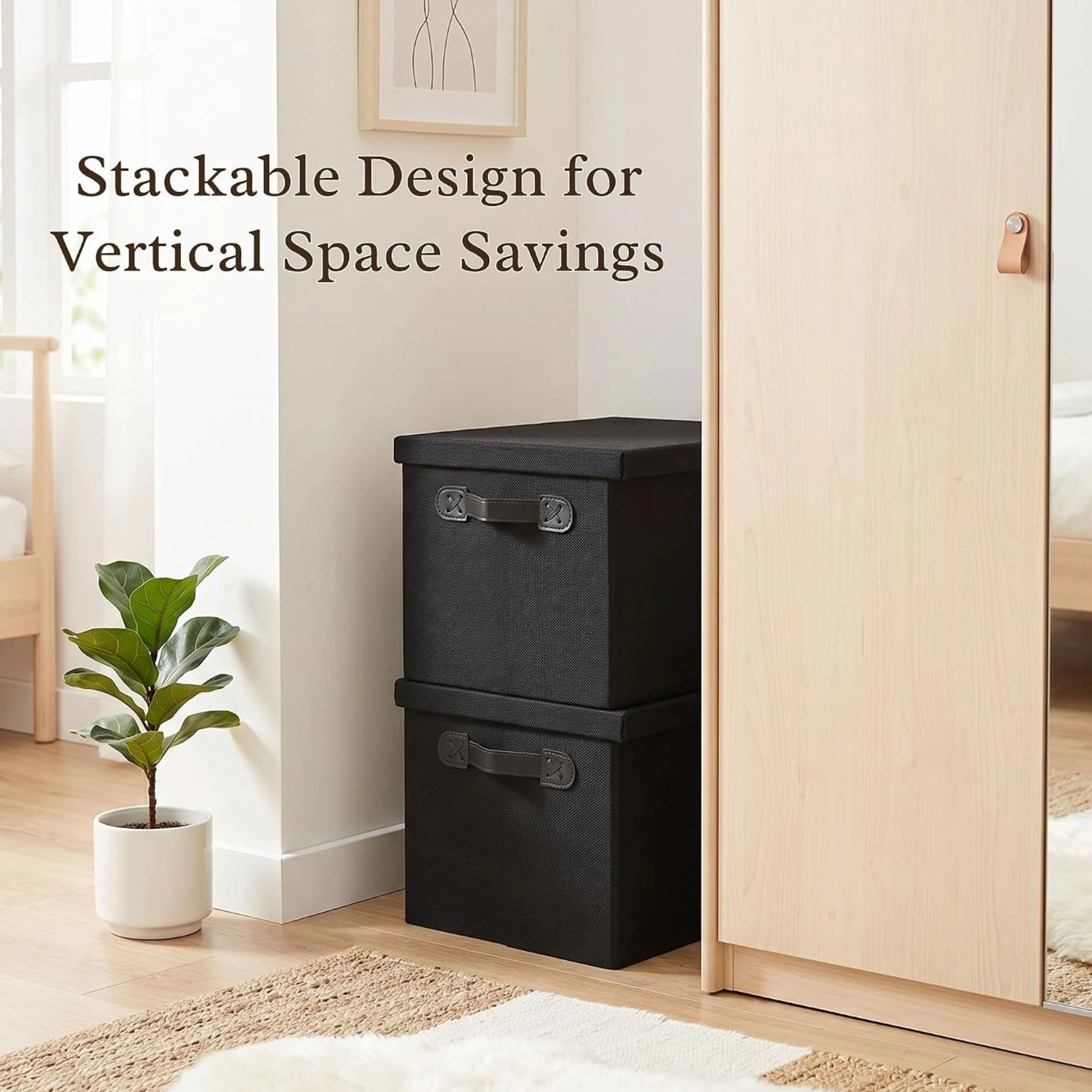 Stock Preferred Pack of 2 25L Fabric Storage Bins with Lids Handles and Stackable Design